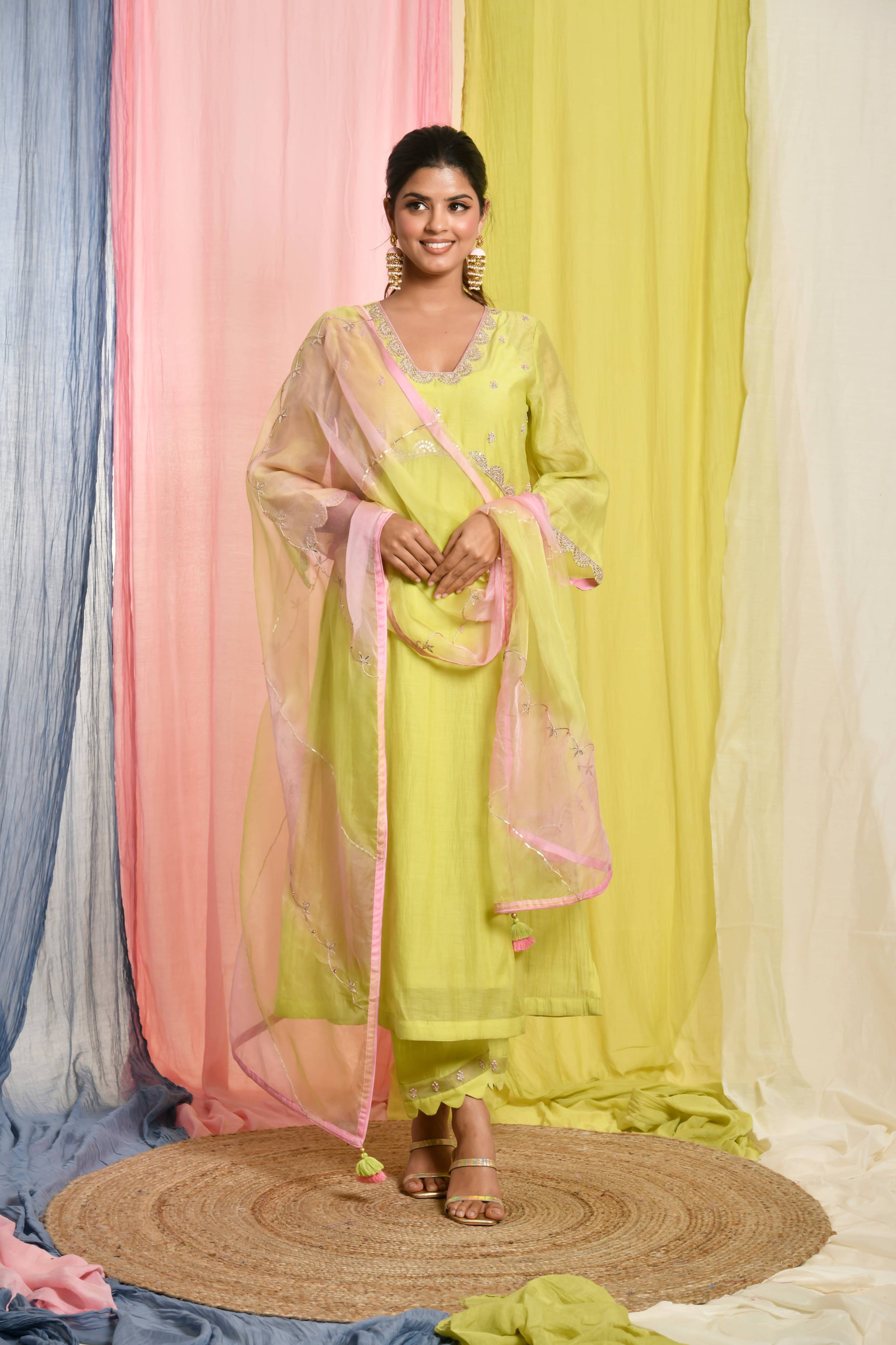 Lime Green Square Neck A-line Kurta With Pant