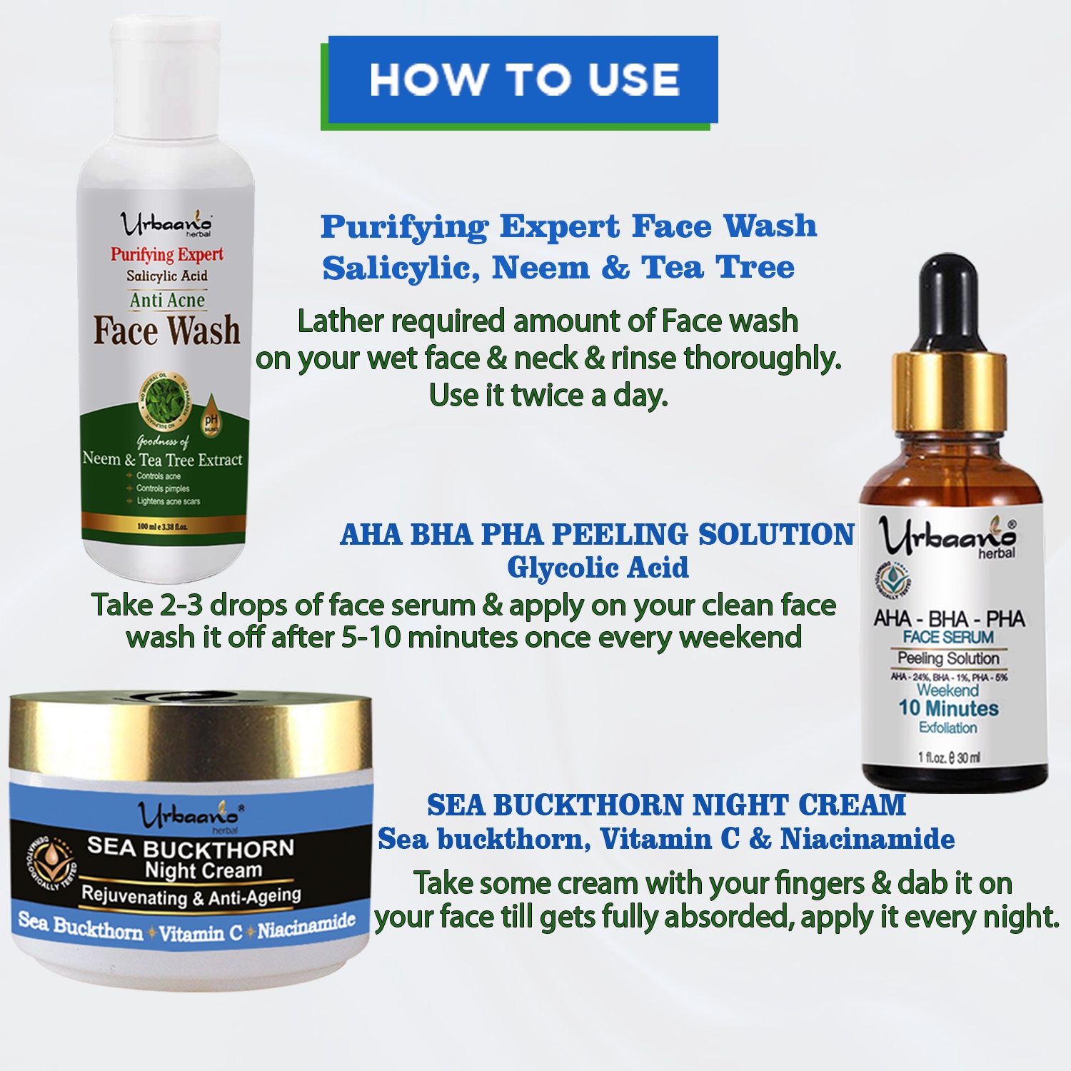 Urbaano Herbal | Urbaano Herbal Acne Free, Rejuvenating Facial Kit- AHA Peeling Serum, Sea Buckthorn Night Cream, Neem, Tea Tree Face Wash-180gm 1