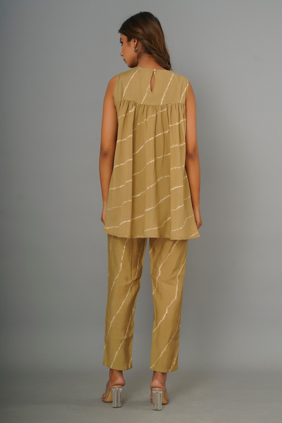 Mustard Colored Printed And Gathered Peplum Co-Ord Set