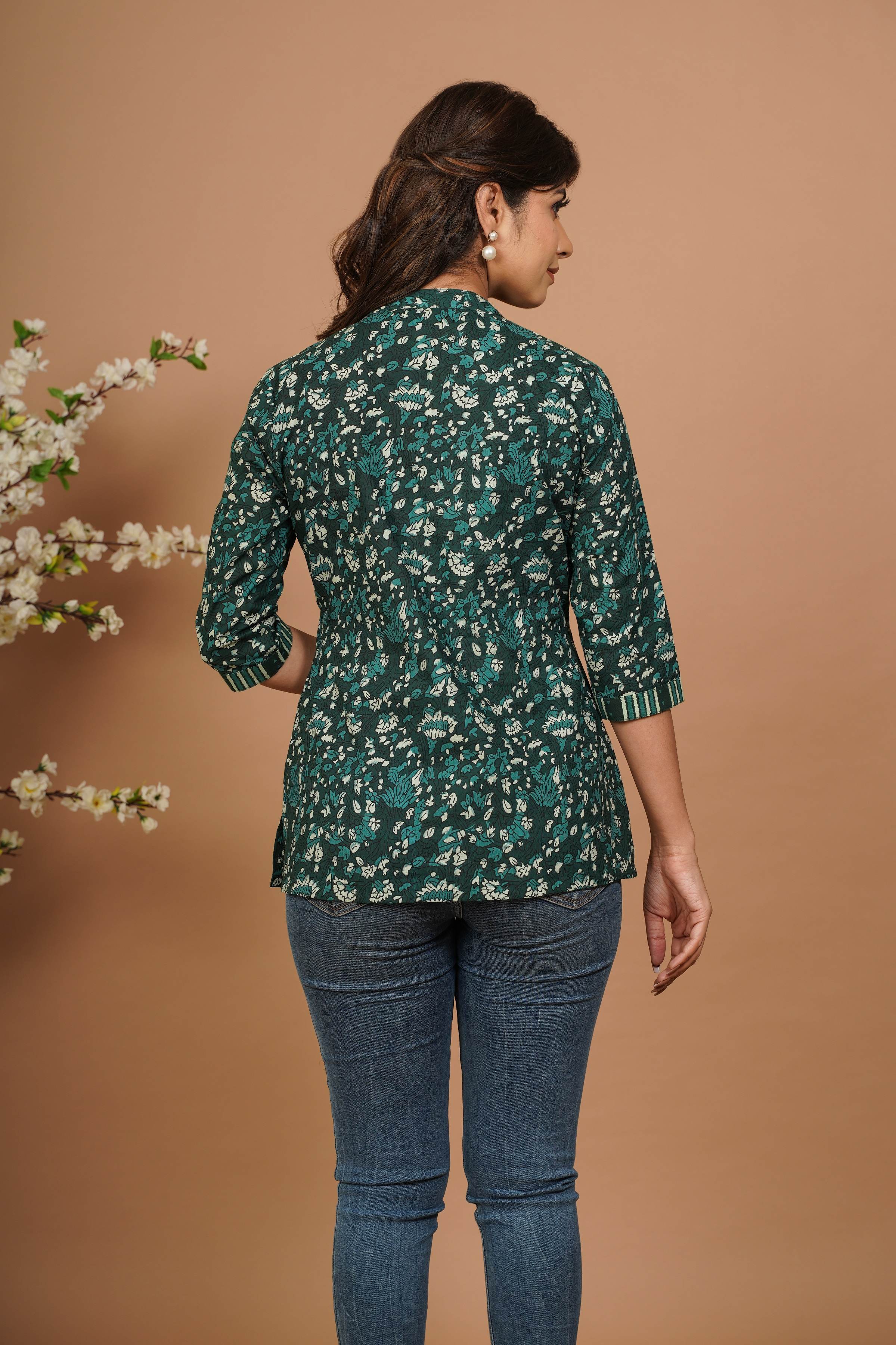 Green Printed Pure Cotton A-Line Top