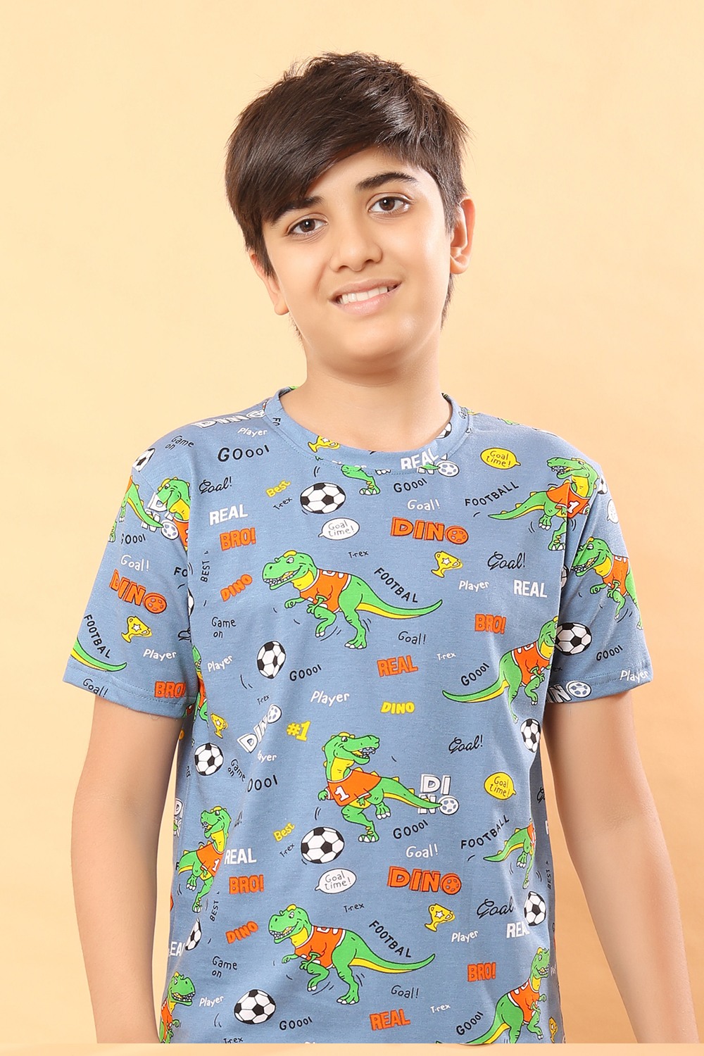 Ninos Dreams Boys Dino Print 100 % Cotton Knit Half sleeves Coord Set with T-Shirt & Shorts-Grey