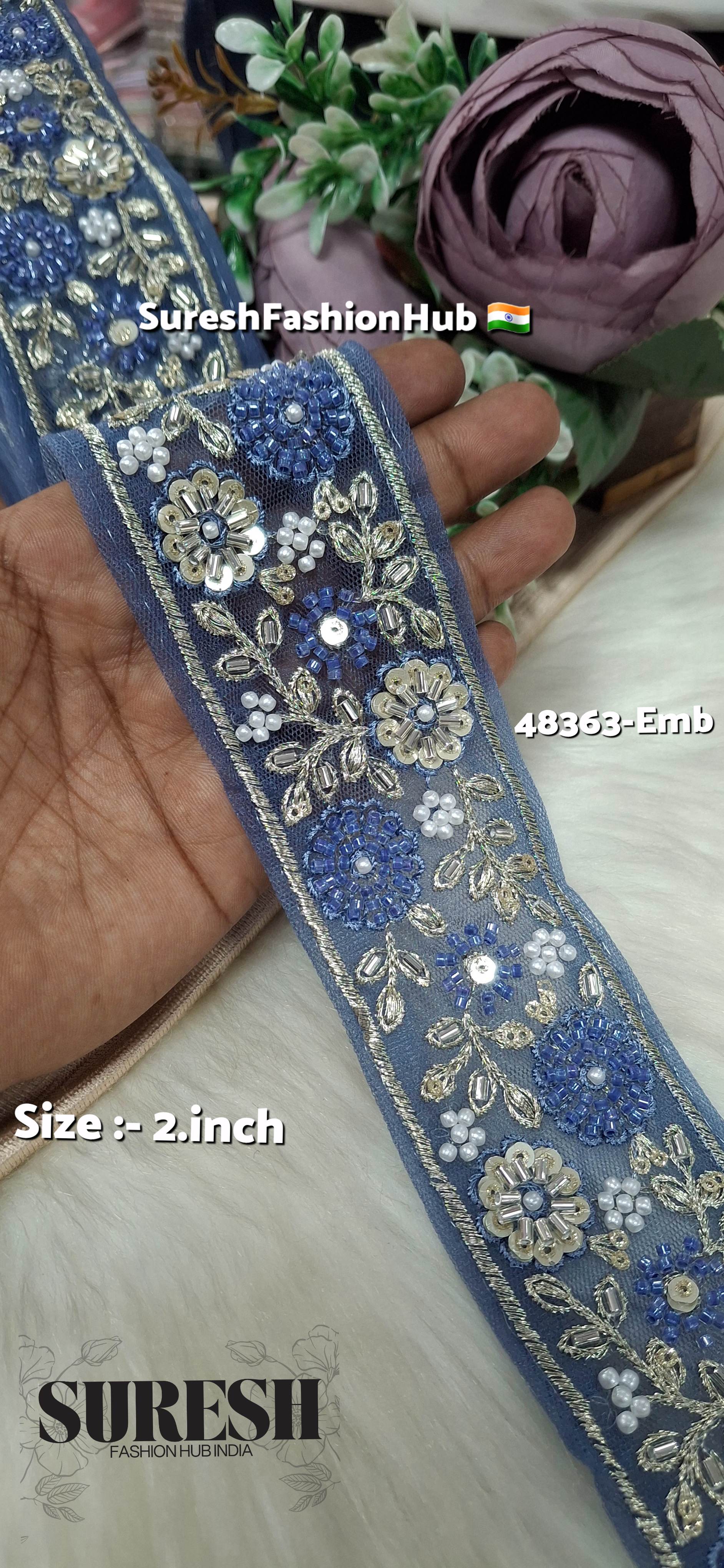 Blue Beaded Floral Net Embroidered Lace