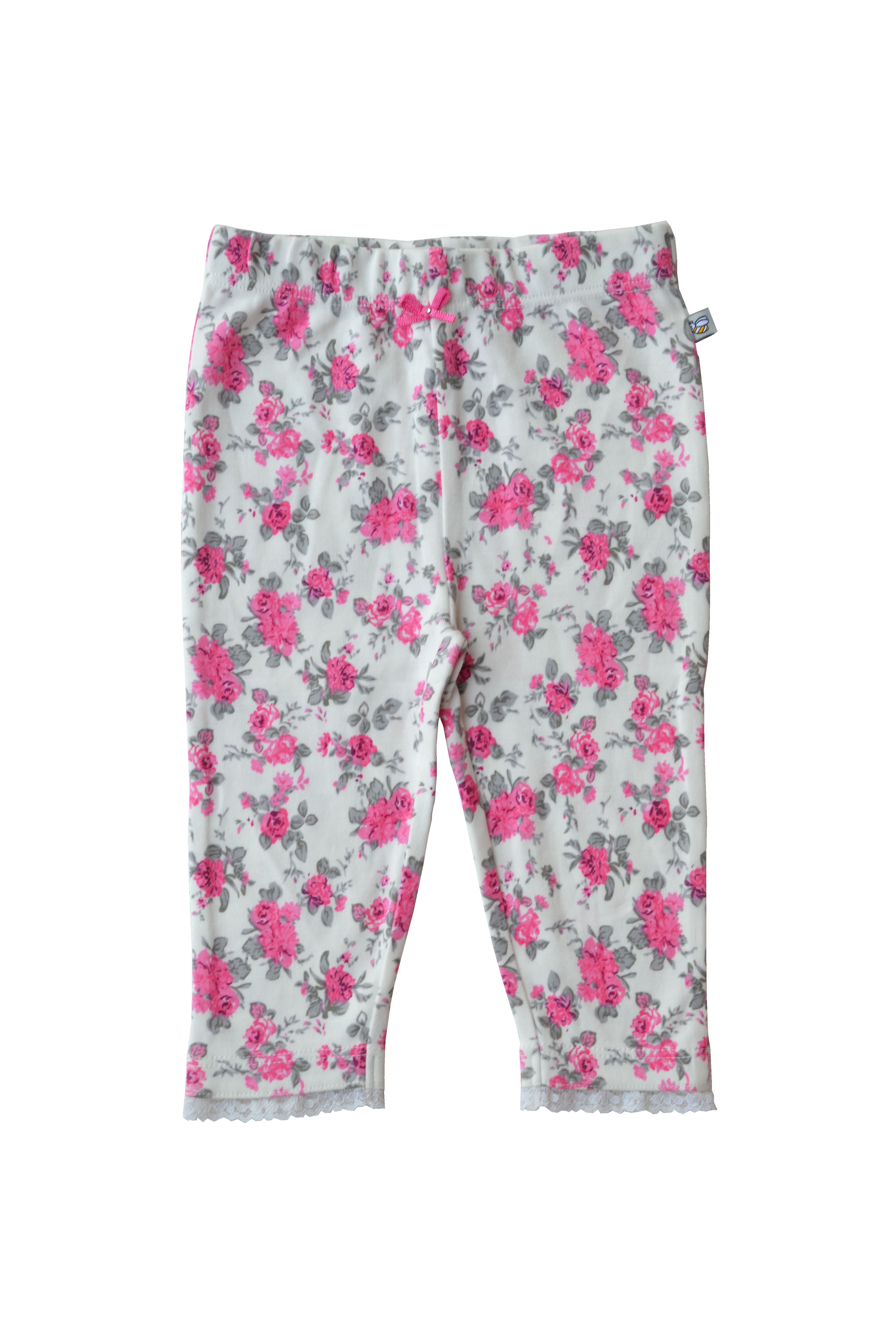 Girls Cream Leggings with Pink Roses (95% Cotton 5%Elasthan Jersey)