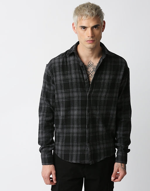 Hemsters Dark Grey Checkered Relaxed Fit Shirt