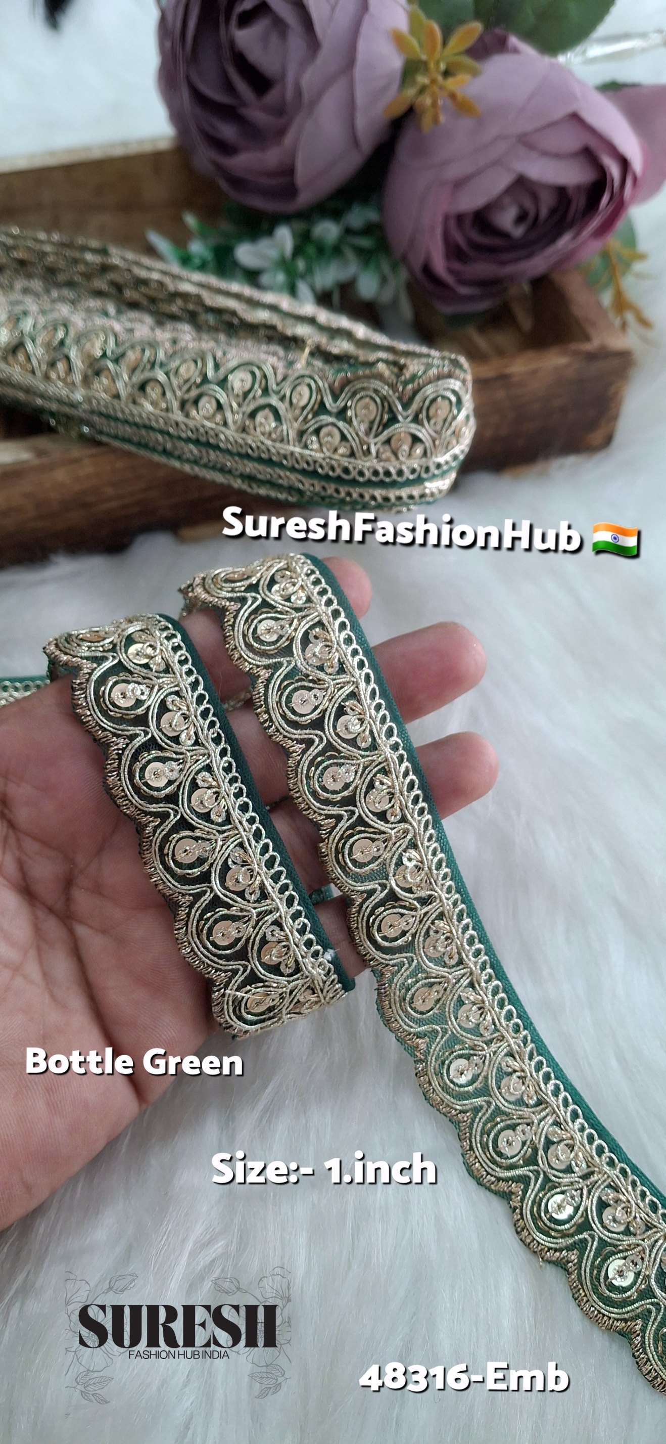 Bottle Green Pearl Dori One Side Scallop Embroidery Lace