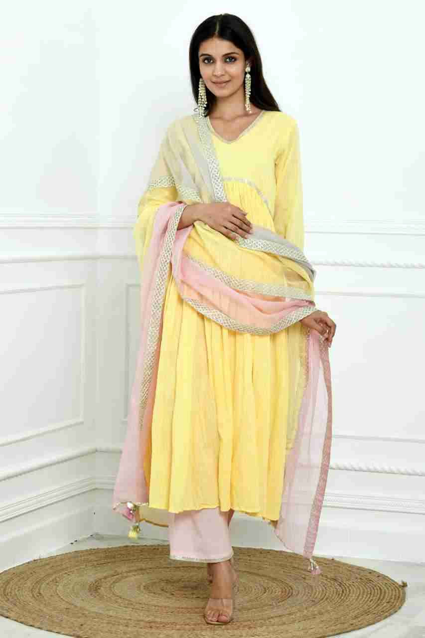 Naksh Yellow Solid Voile Kurta, Pants & Tricolour Dupatta (Set of 3)