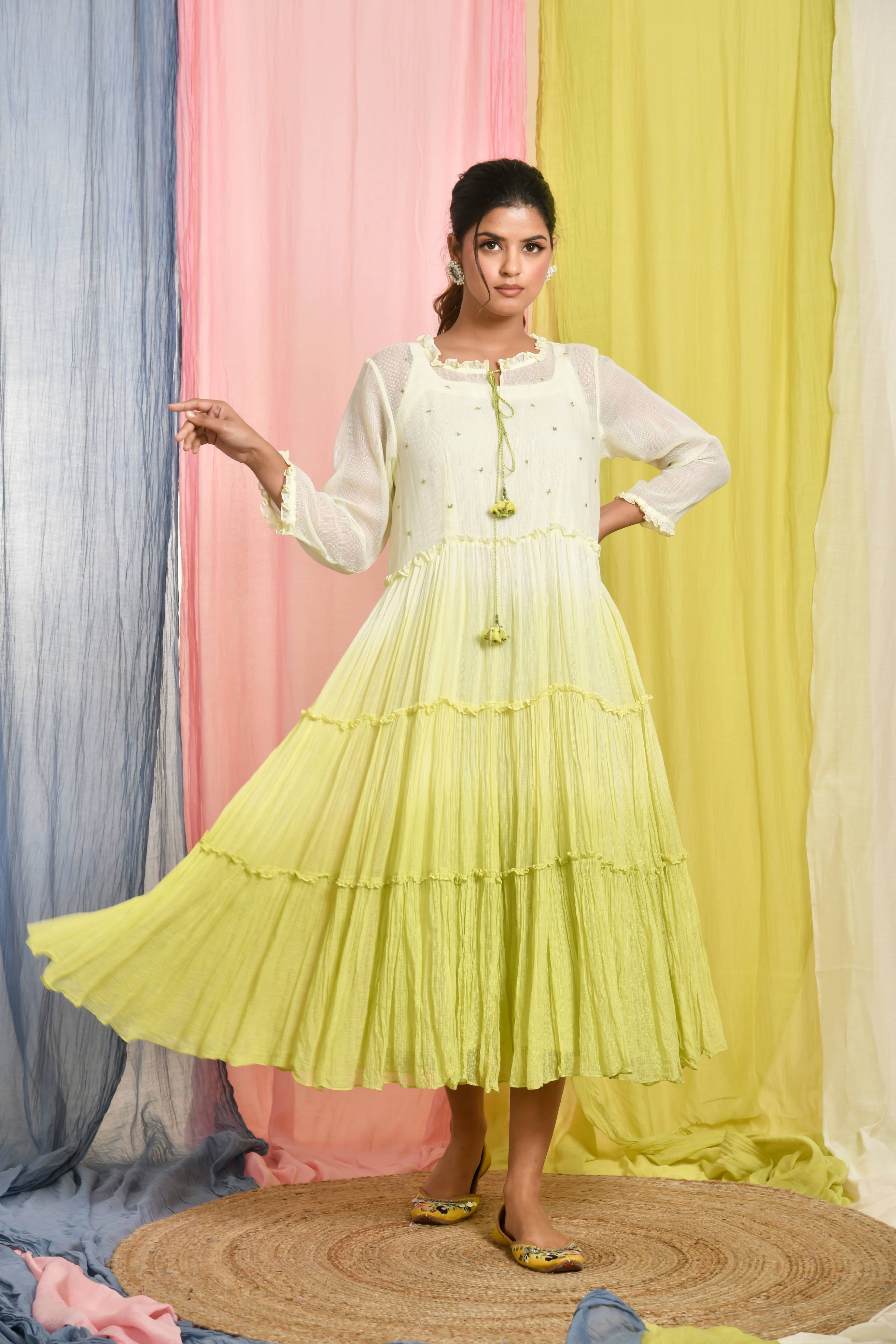 KAARAH BY KAAVYA | Lime Green Kota Doriya Shaded Tiered Dress undefined