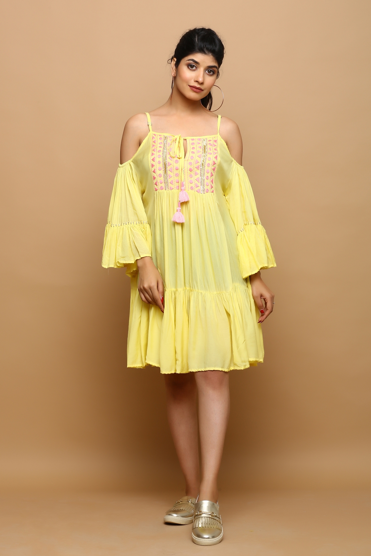 KAARAH BY KAAVYA | Yellow cold shoulder short dress undefined