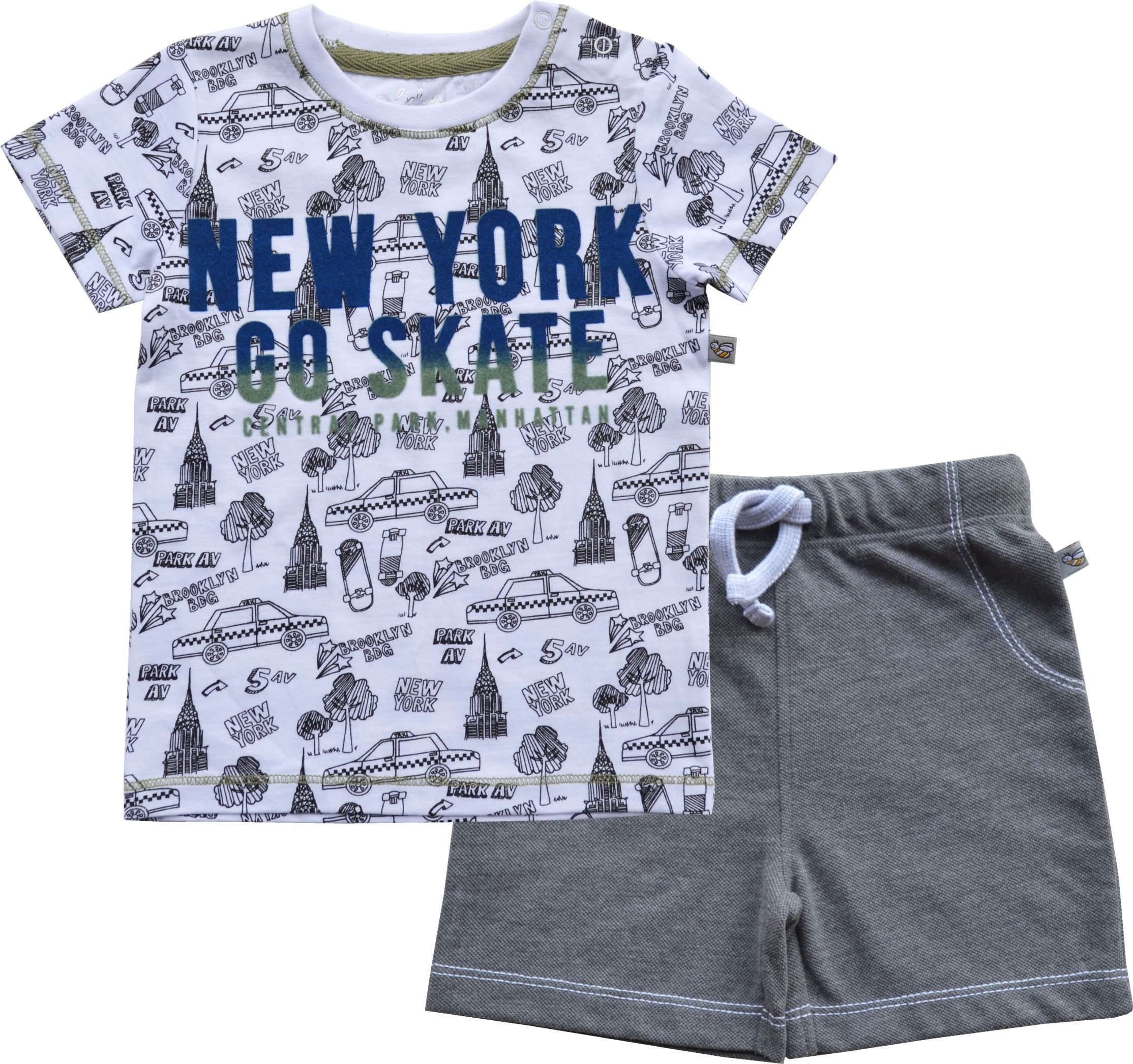 New York Print on White Short Sleeves T-Shirt + Grey Shorts Set (100% Cotton Single Jersey)