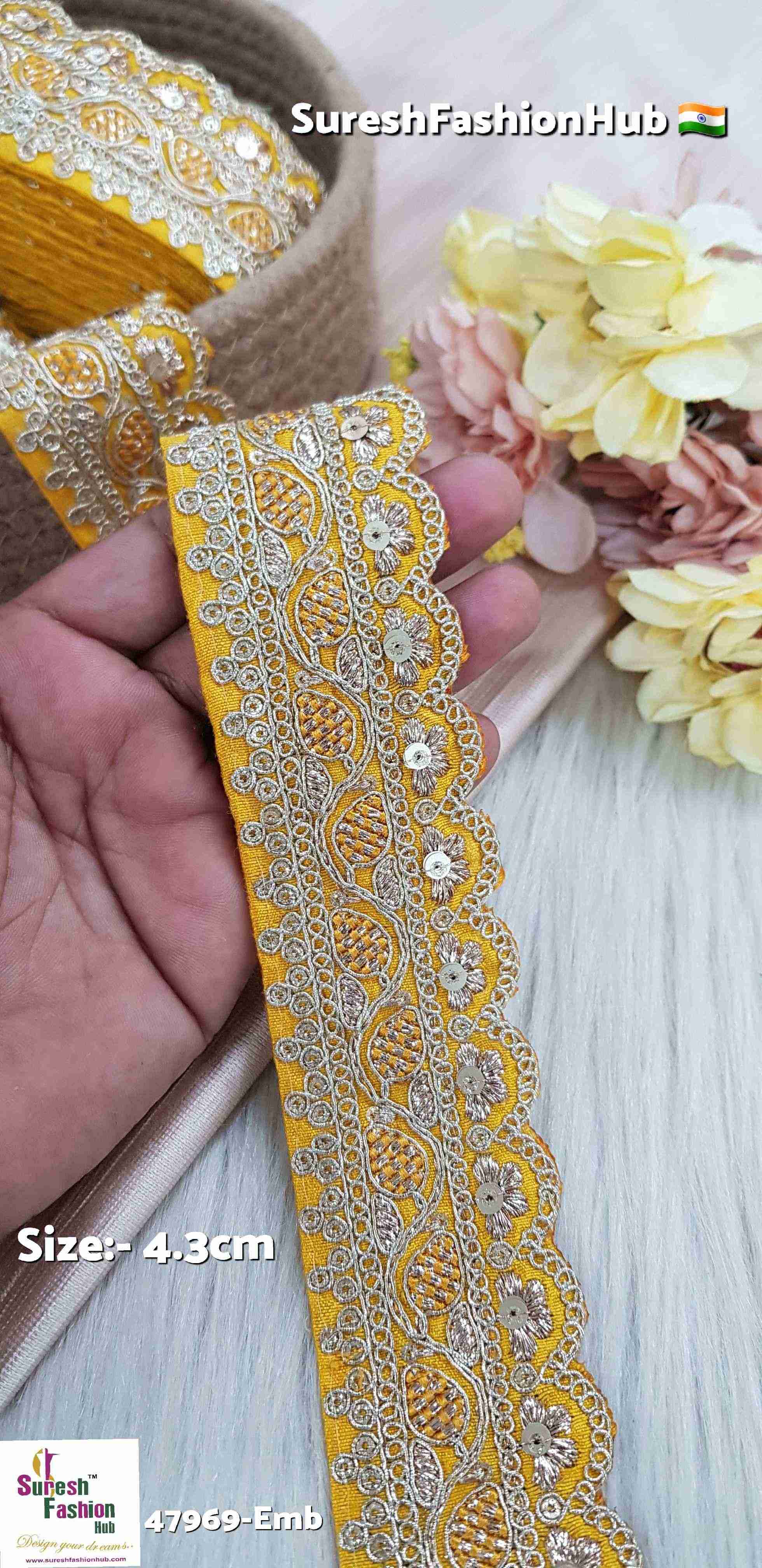 Mustard Yellow Pearl Blossom Scallop Embroidery Lace