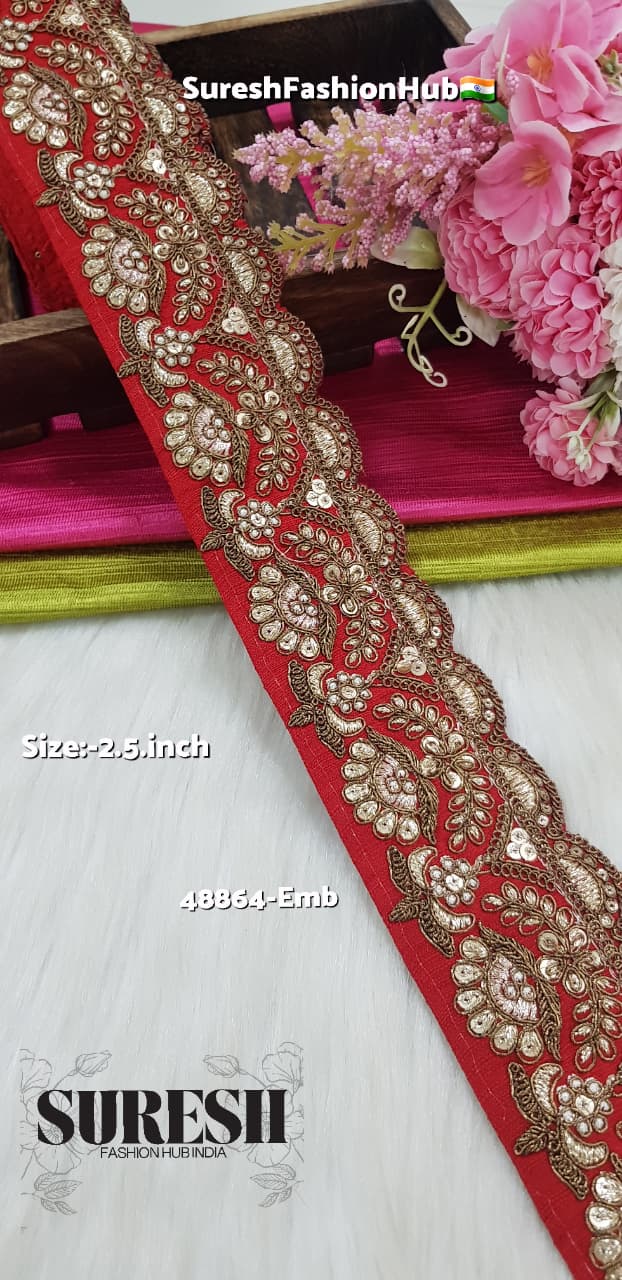Red Matt Zari Floral Cutwork Lace – 48864-EMB