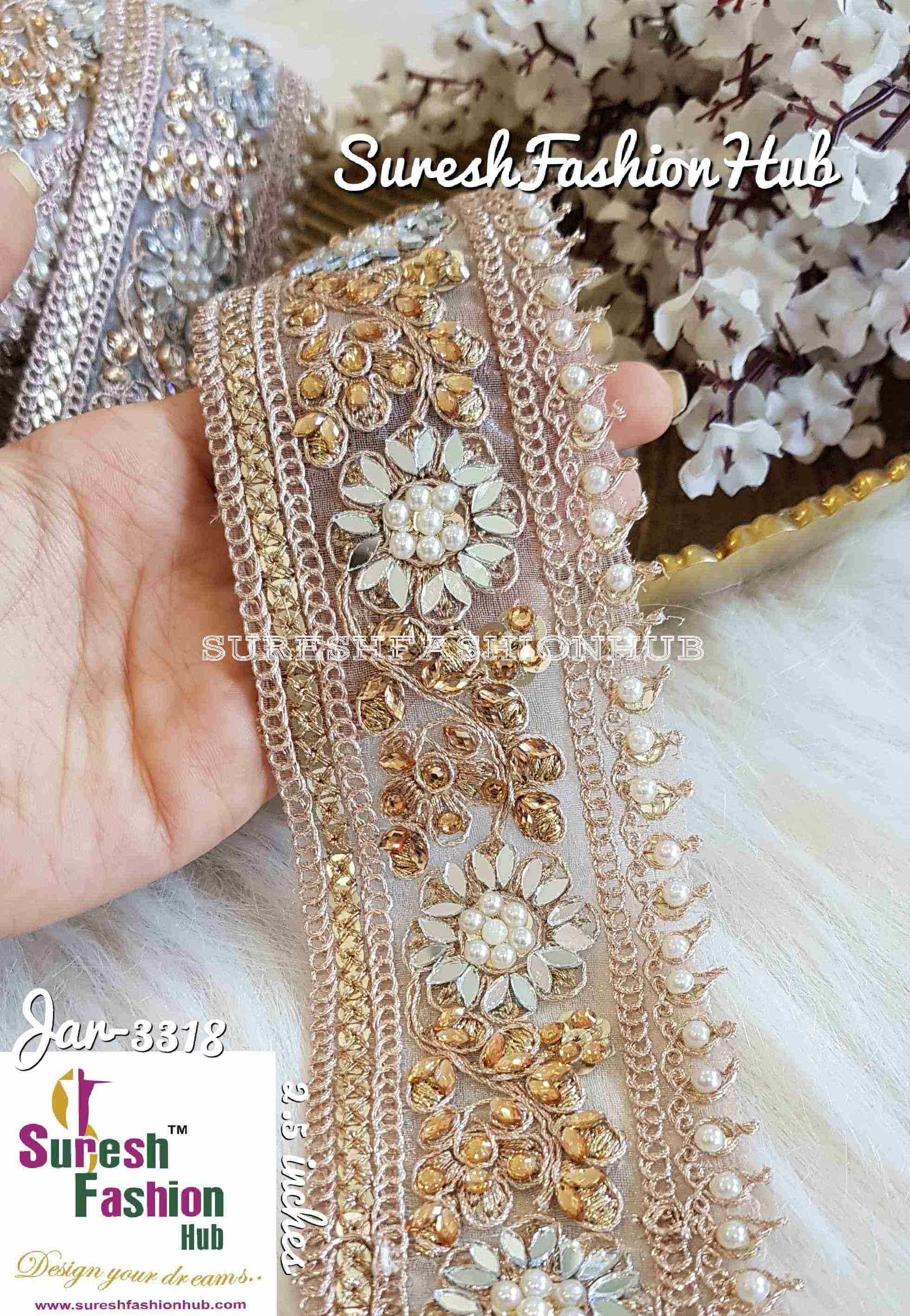 Mirror Embellished Flowers With Tiny Pearls Wide Trim