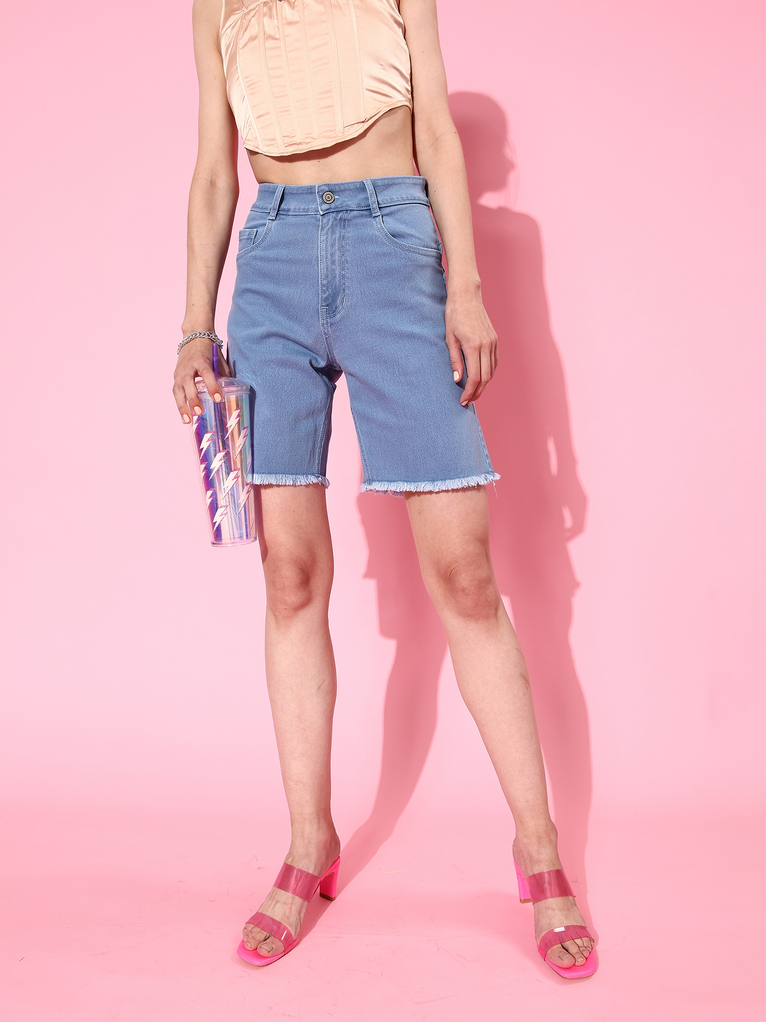 Dolce Crudo | Women's Light Blue Regular High Rise Clean Look Above Knee Stretchable Denim Shorts