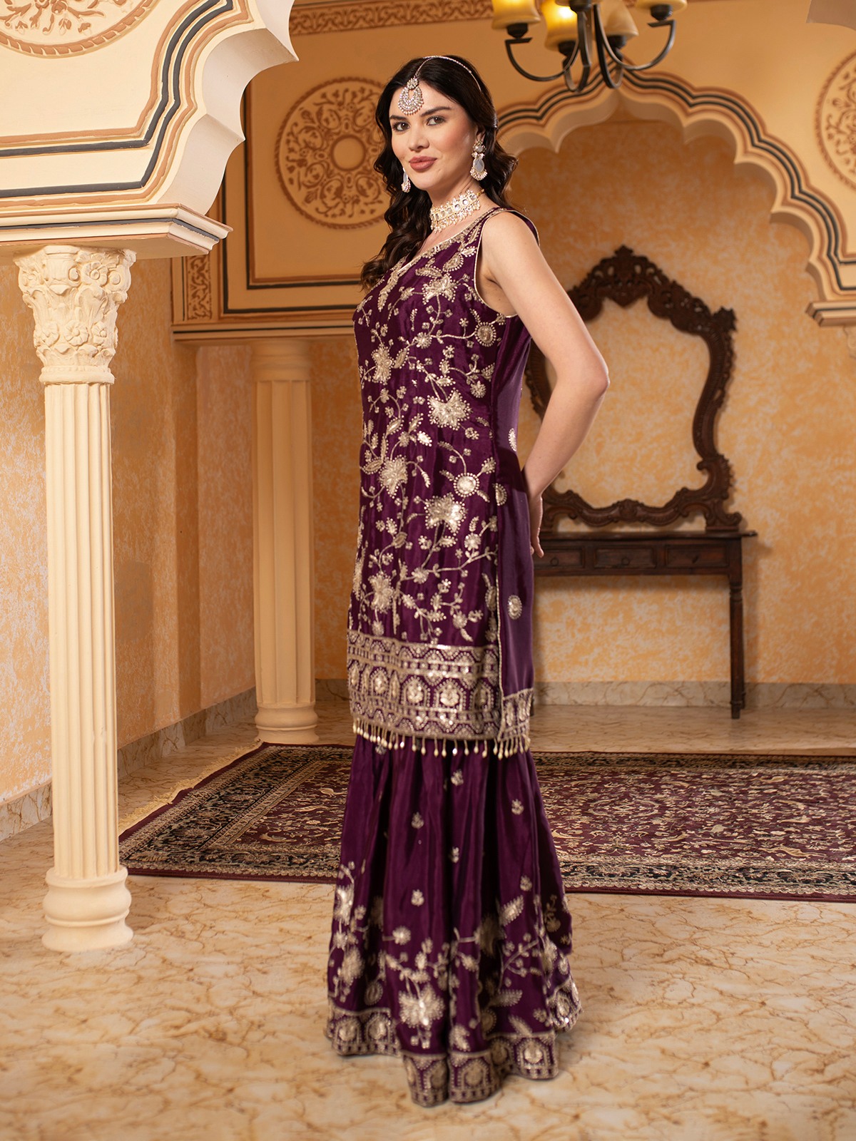 ALBION FANCY LADIES ETHNIC PURPLE KURTI SET
