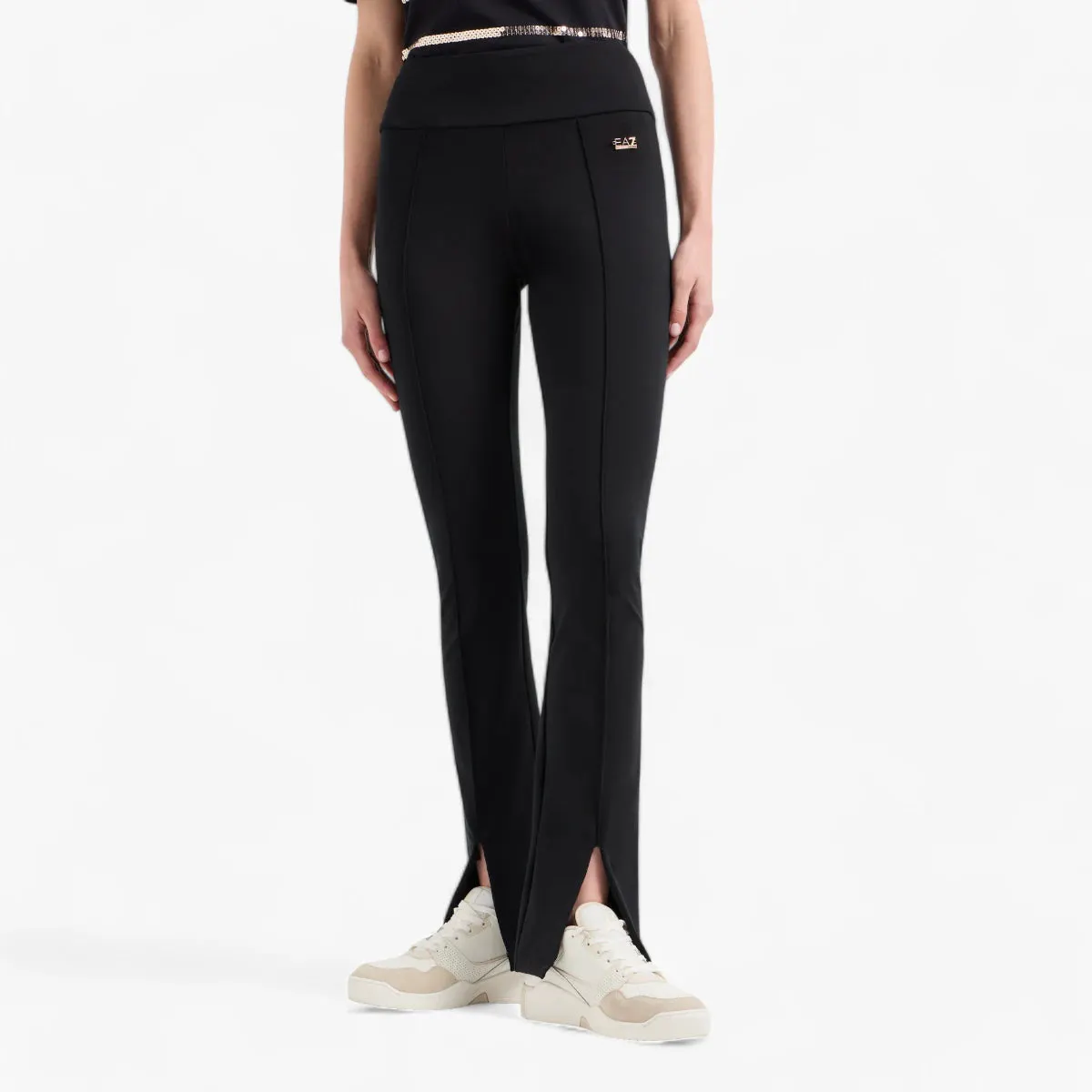 Slim Fit Cotton Stretch Leggings With Front Slits And Gold Logo Plaque