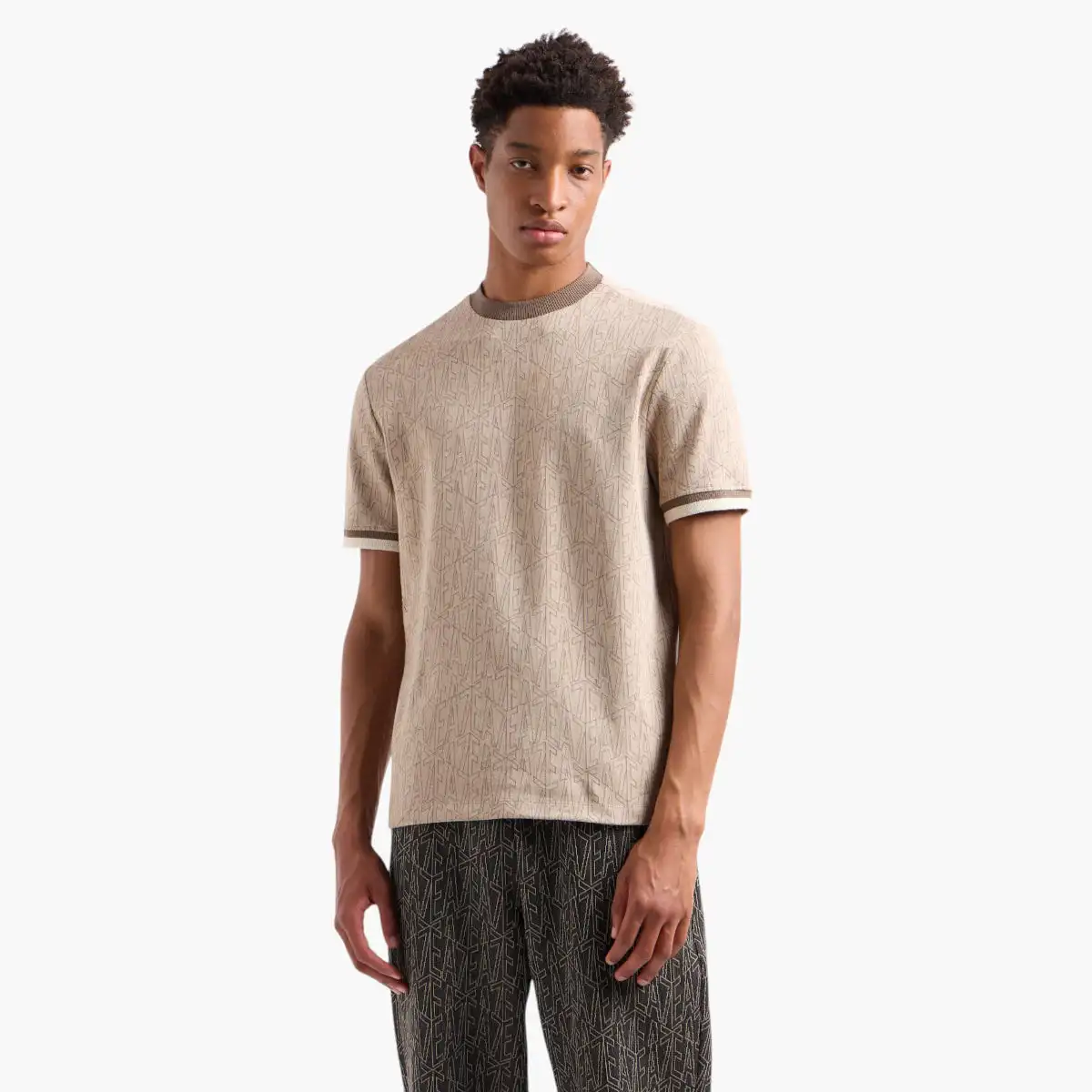 Regular Fit Cotton Crewneck T-Shirt With All-Over Jacquard Branding