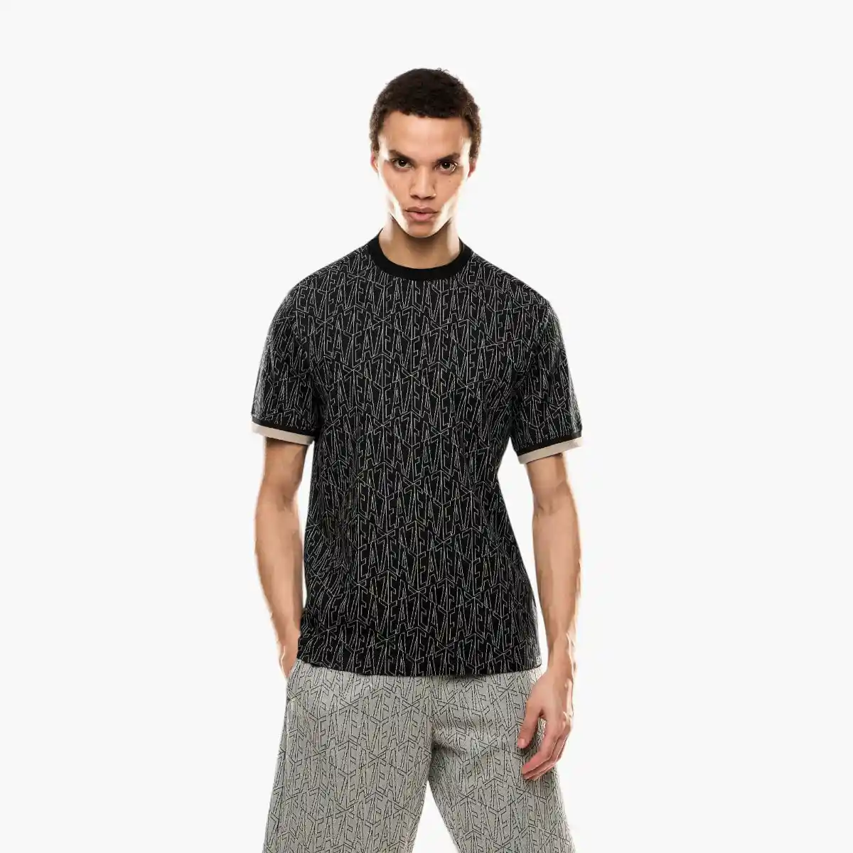 Regular Fit Cotton Crewneck T-Shirt With All-Over Jacquard Branding