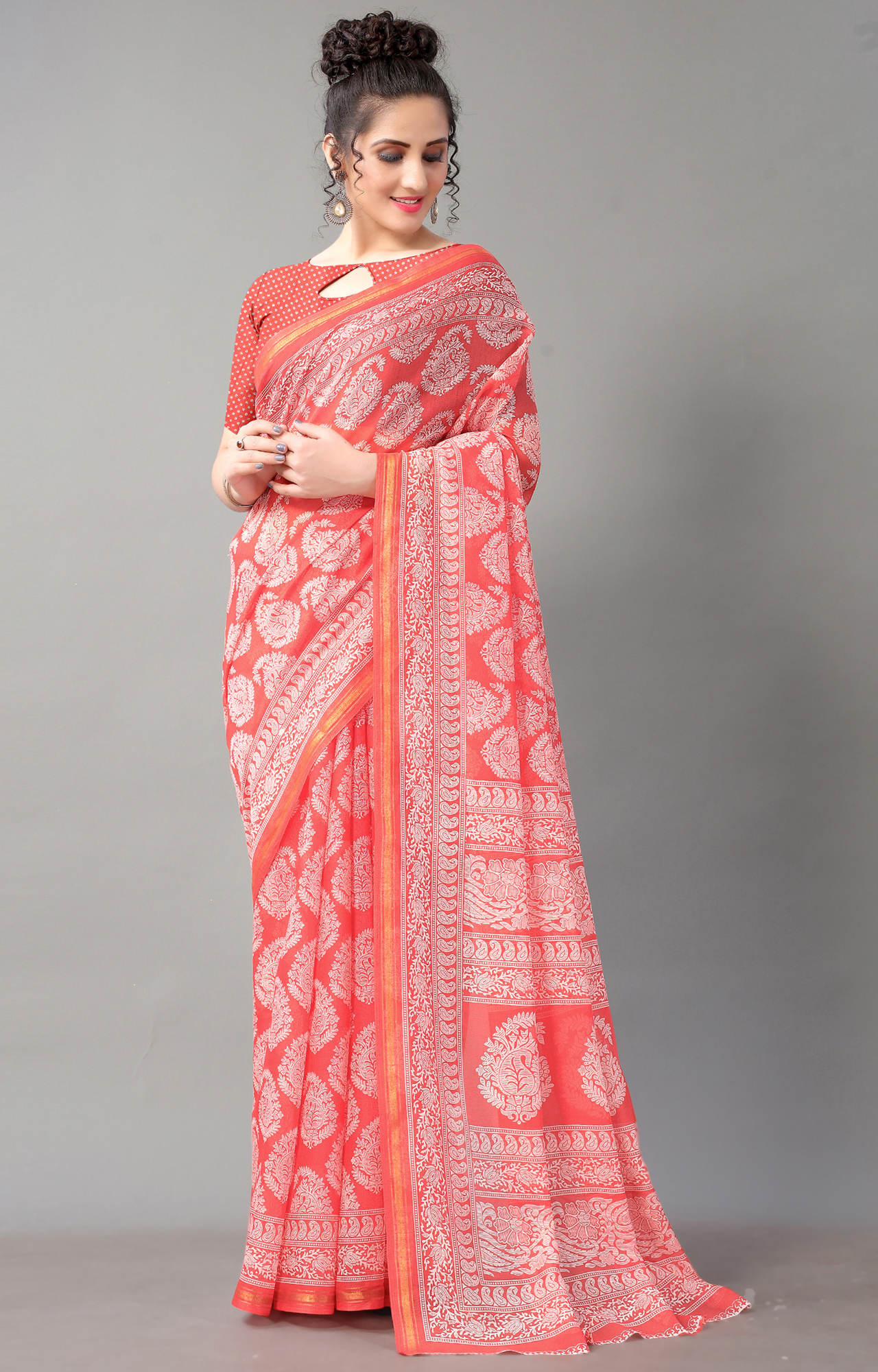 Women Peach Batick Block Print Casual Wear Saree-HAL21CTN00036PEACH