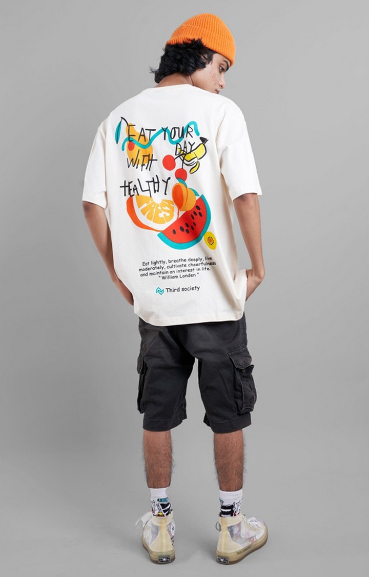 Unisex Eat Healthy White Printed Cotton Oversized T-Shirt