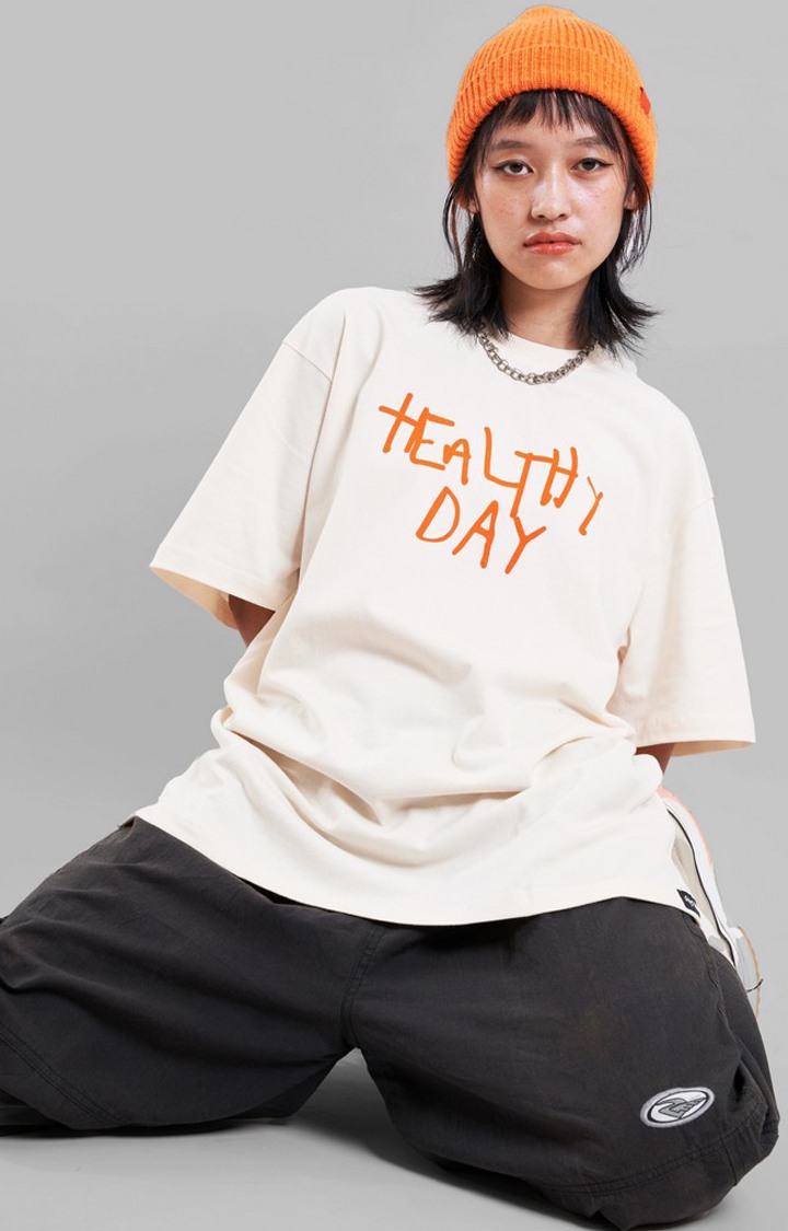 Unisex Eat Healthy White Printed Cotton Oversized T-Shirt