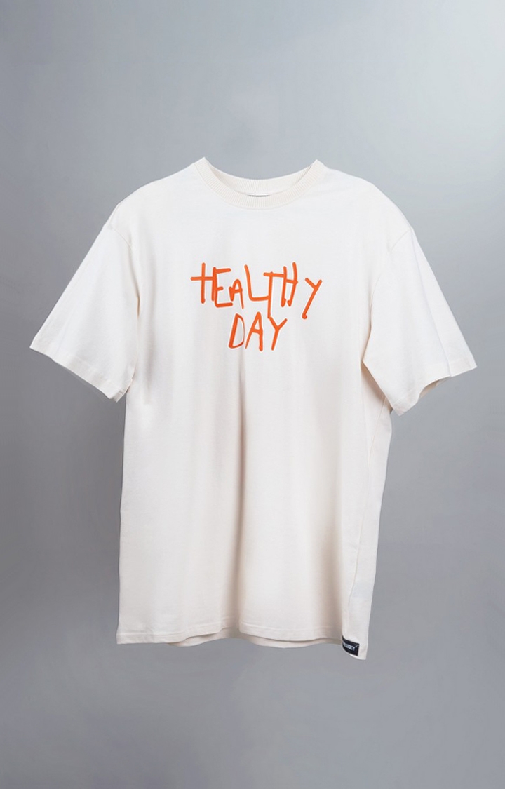 Unisex Eat Healthy White Printed Cotton Oversized T-Shirt