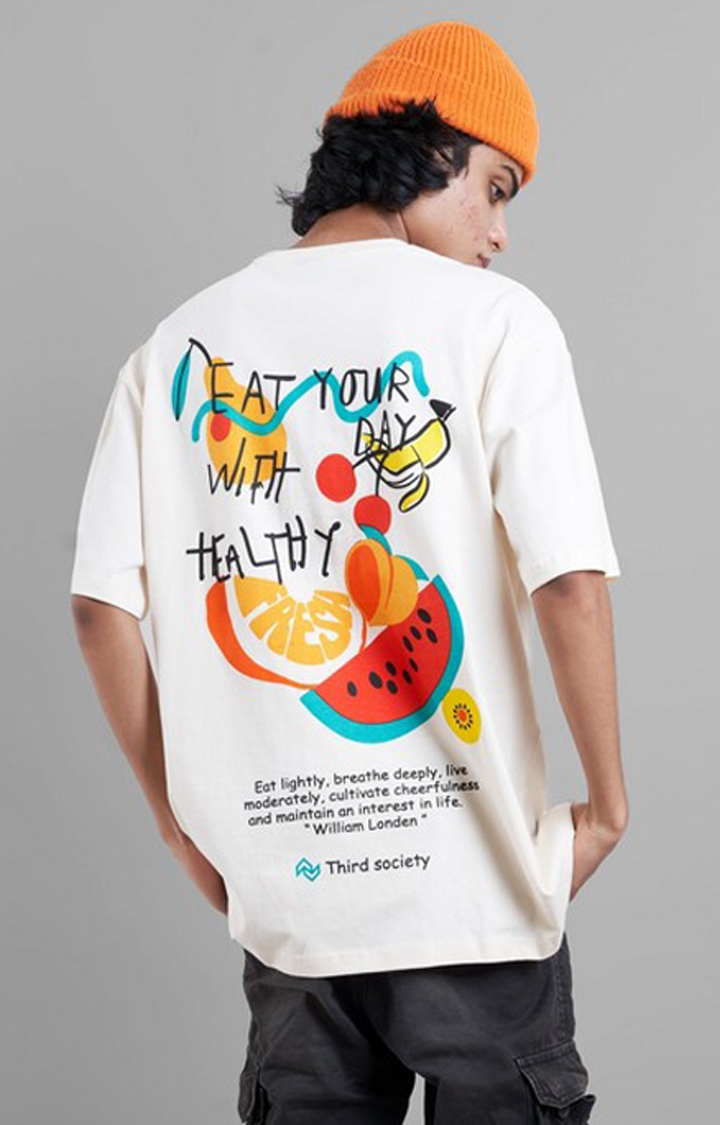 THIRD SOCIETY | Unisex Eat Healthy White Printed Cotton Oversized T-Shirt