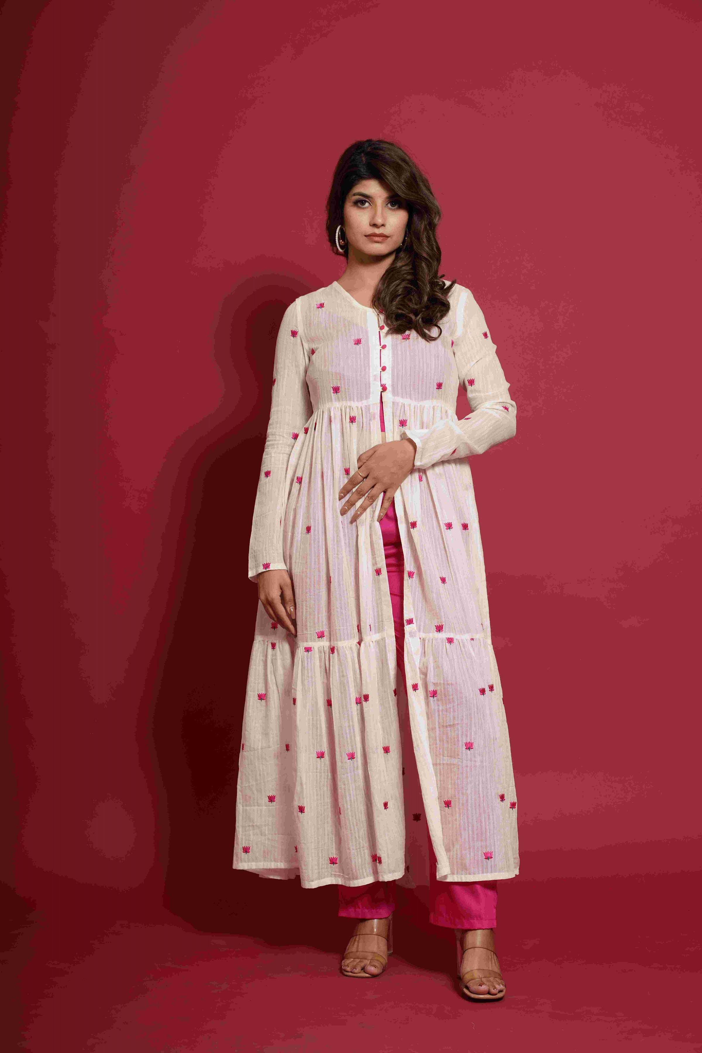 Pst Solid Top & Pant With Cotton Embroidery Shrug