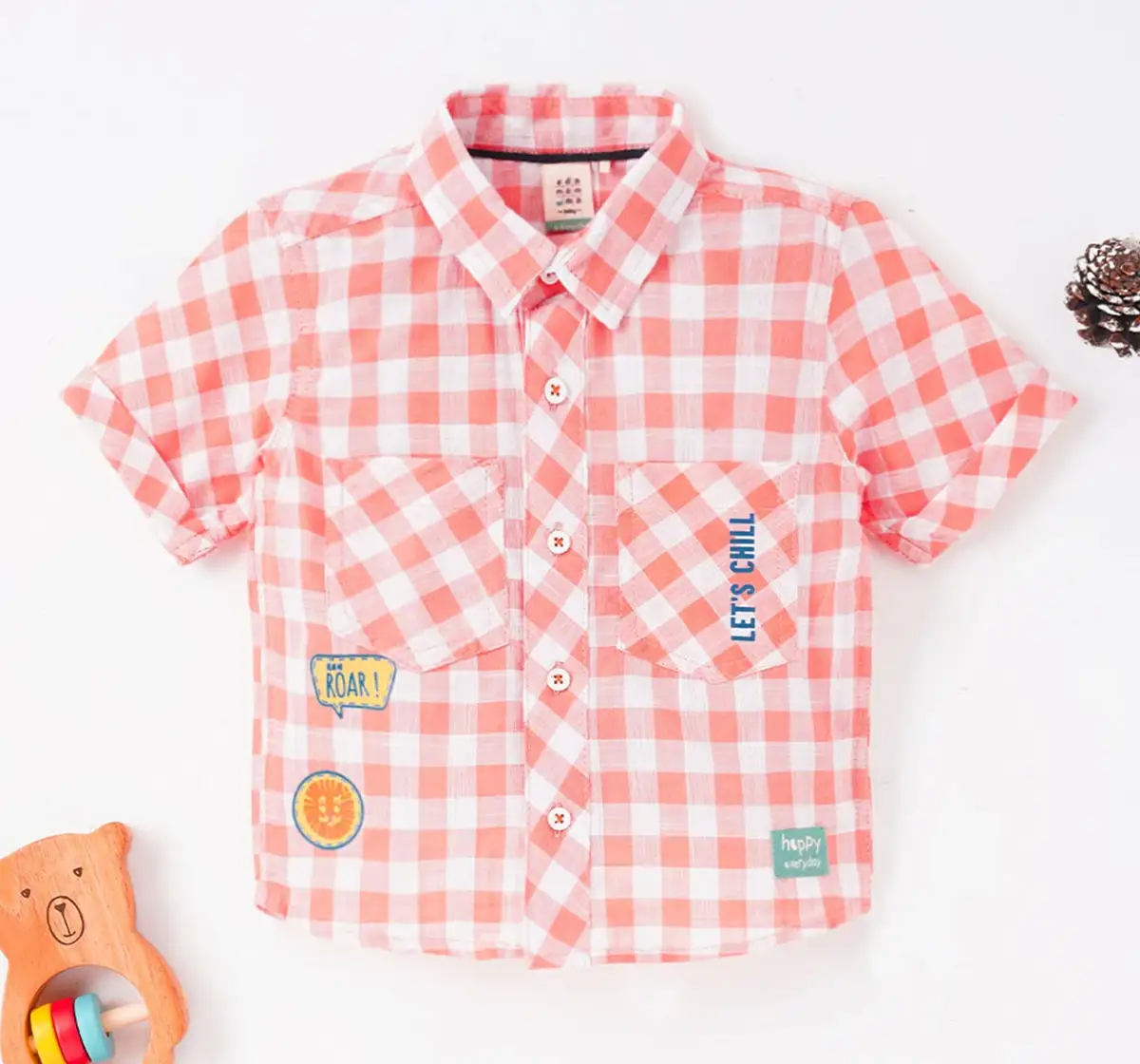 Infant Boys Checkered 100% Cotton Shirt - Peach
