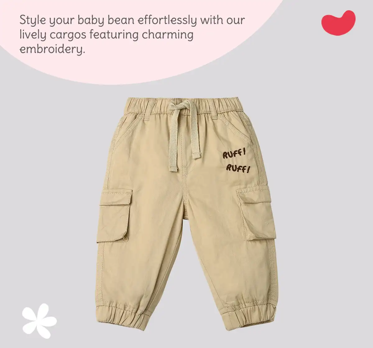 Infant Boys Embroidered 100% Cotton Cargos - Beige