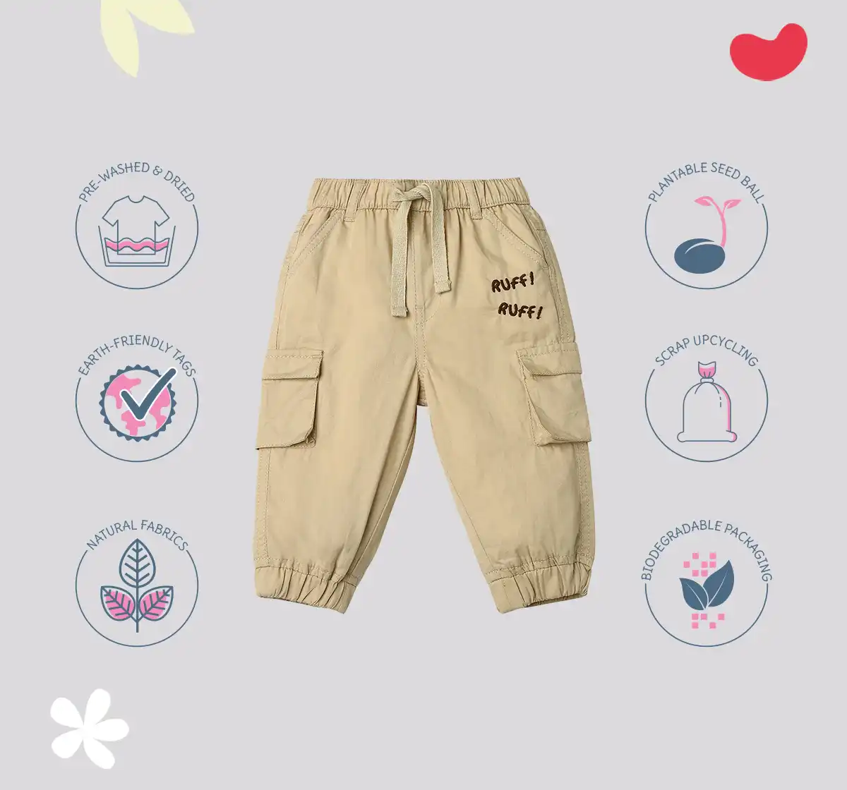 Infant Boys Embroidered 100% Cotton Cargos - Beige