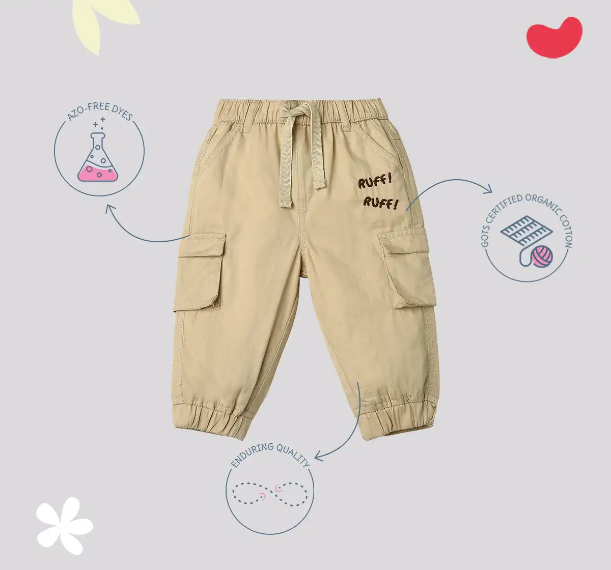 Infant Boys Embroidered 100% Cotton Cargos - Beige