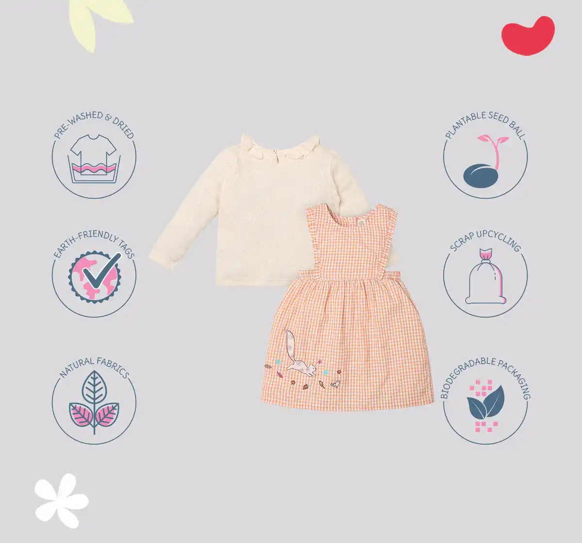 Infant Girls Checkered 100% Cotton Dress With Tshirt- Orange