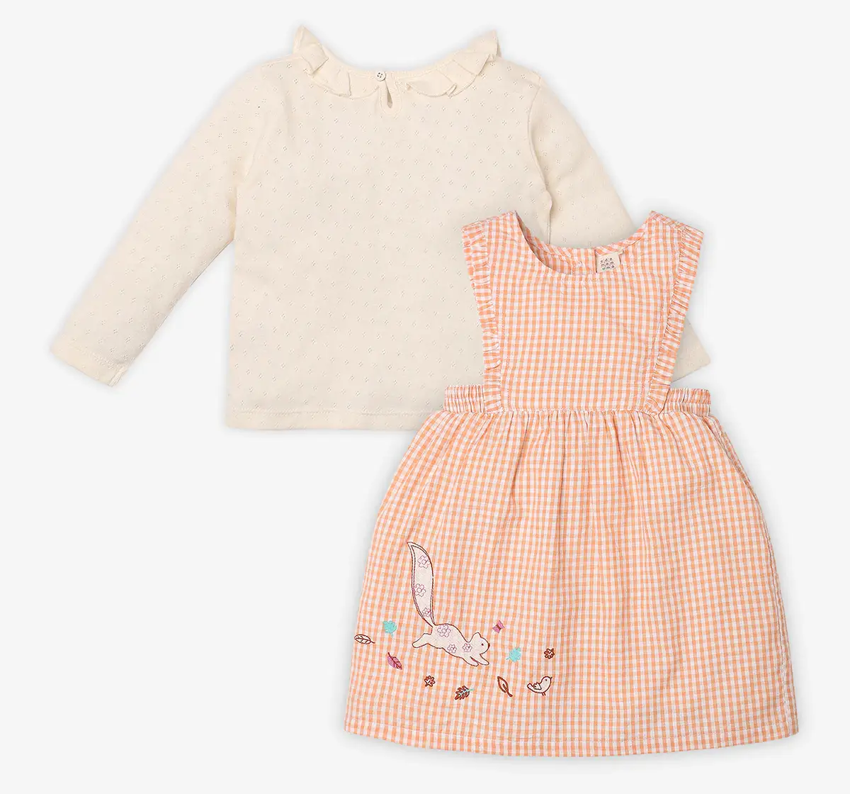 Infant Girls Checkered 100% Cotton Dress With Tshirt- Orange