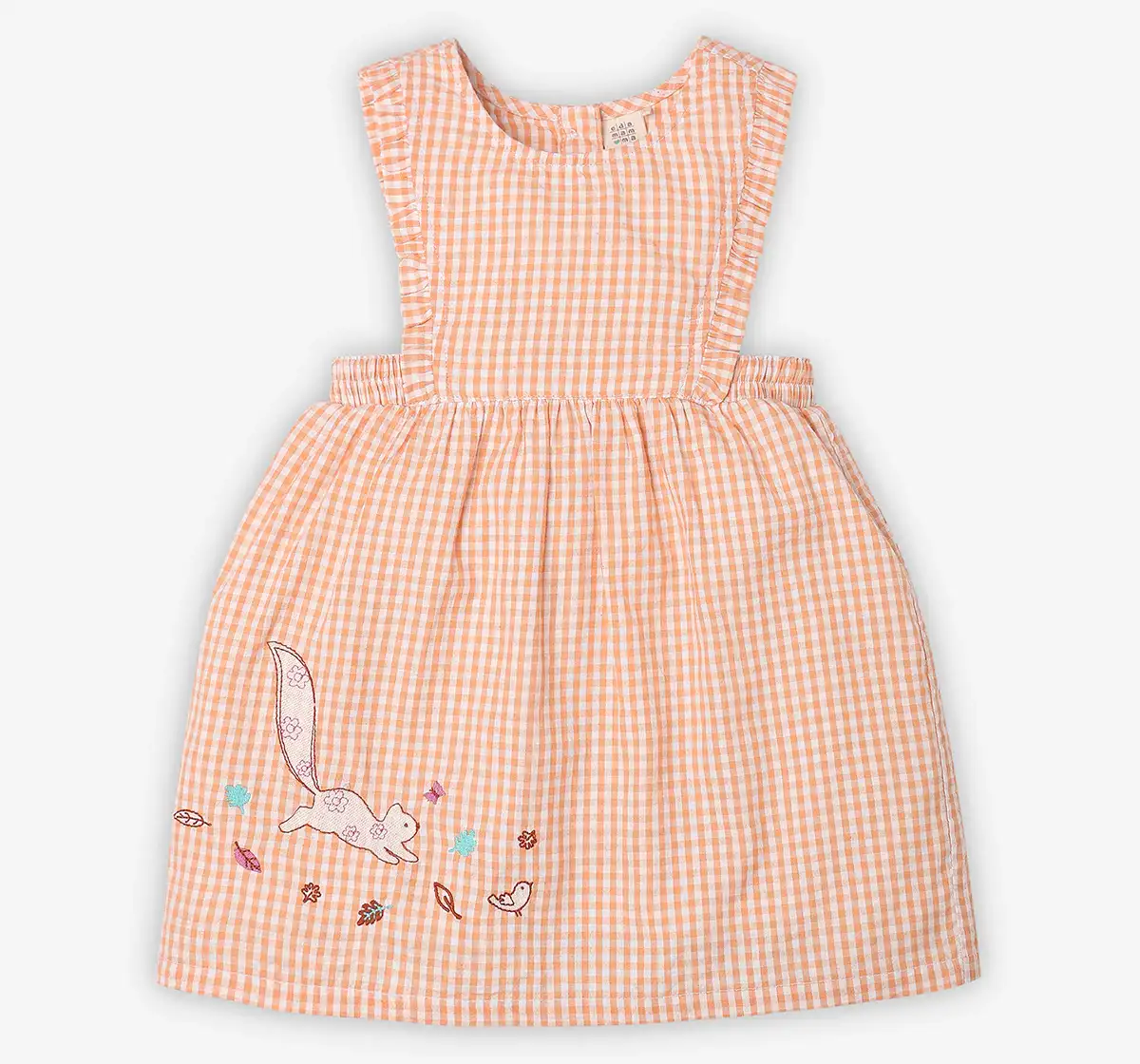 Infant Girls Checkered 100% Cotton Dress With Tshirt- Orange