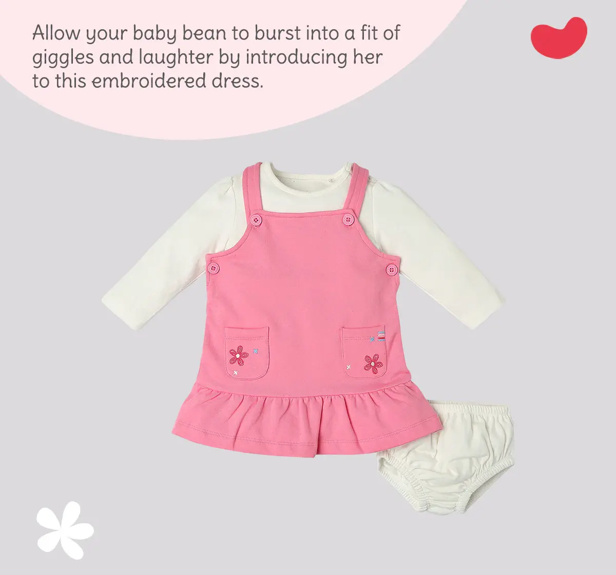 Infant Girls Embroidered 100% Cotton Dress With Tshirt - Pink