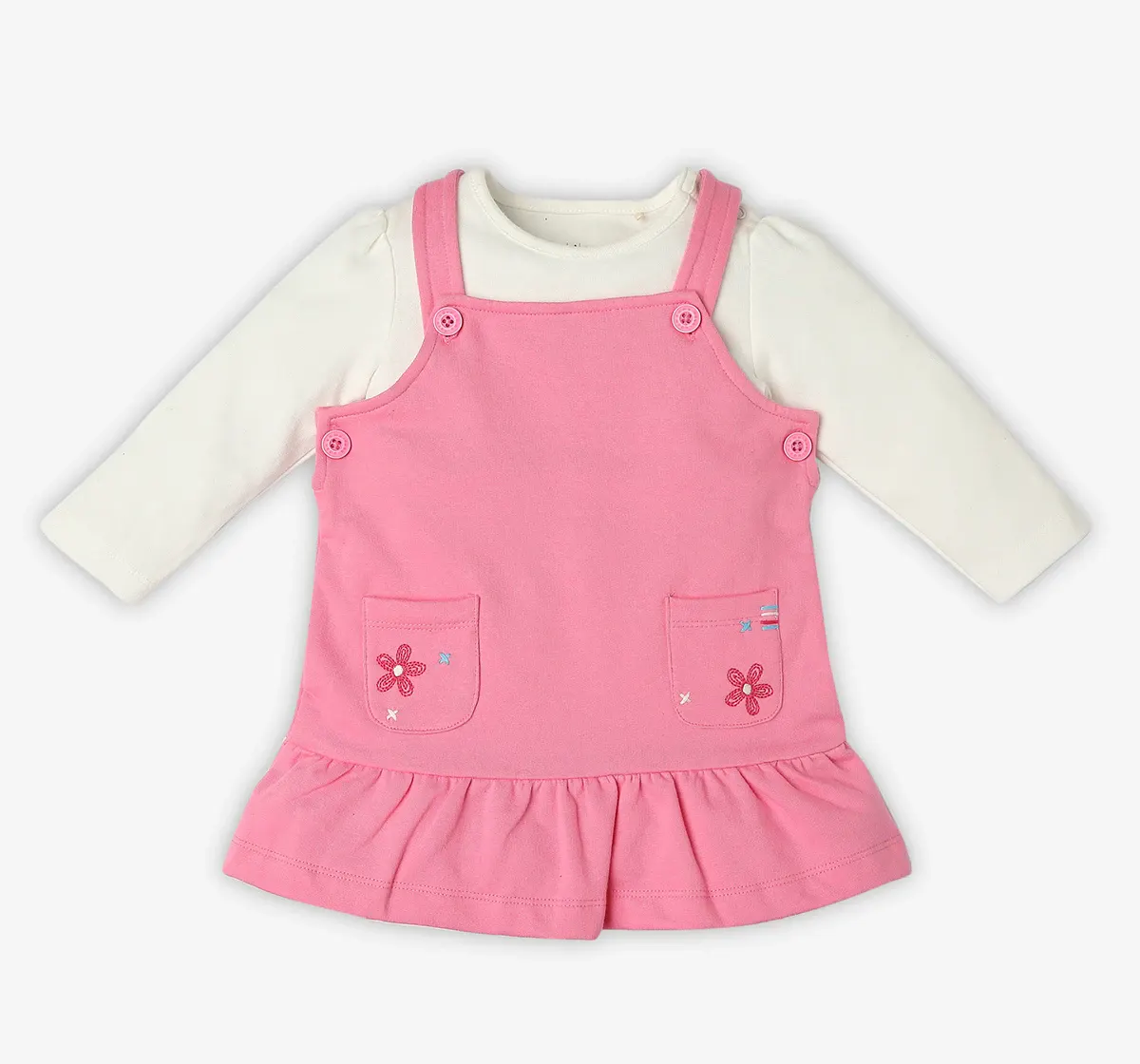 Infant Girls Embroidered 100% Cotton Dress With Tshirt - Pink