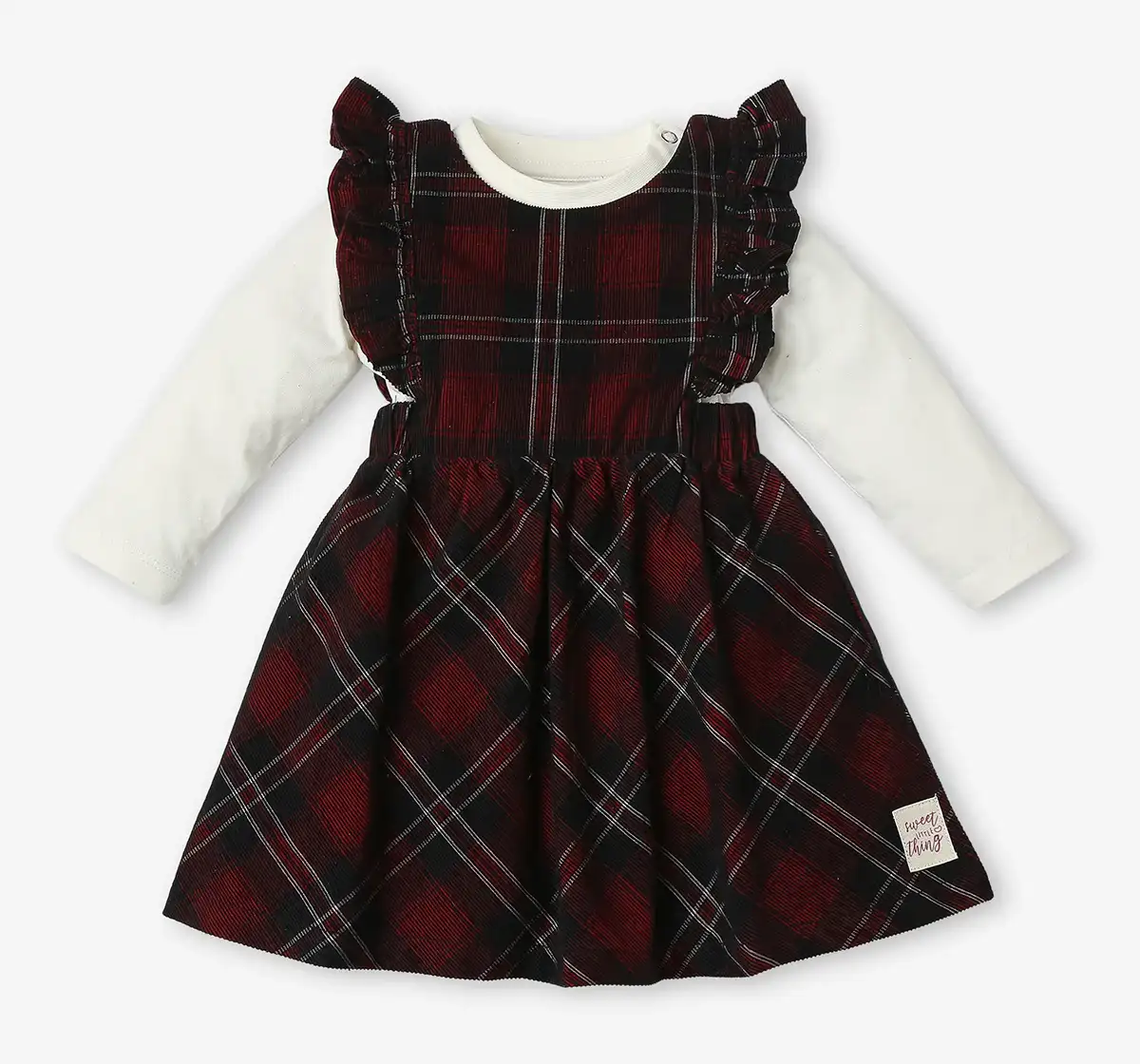 Infant Girls Checkered 100% Cotton Dress With Tshirt - Red