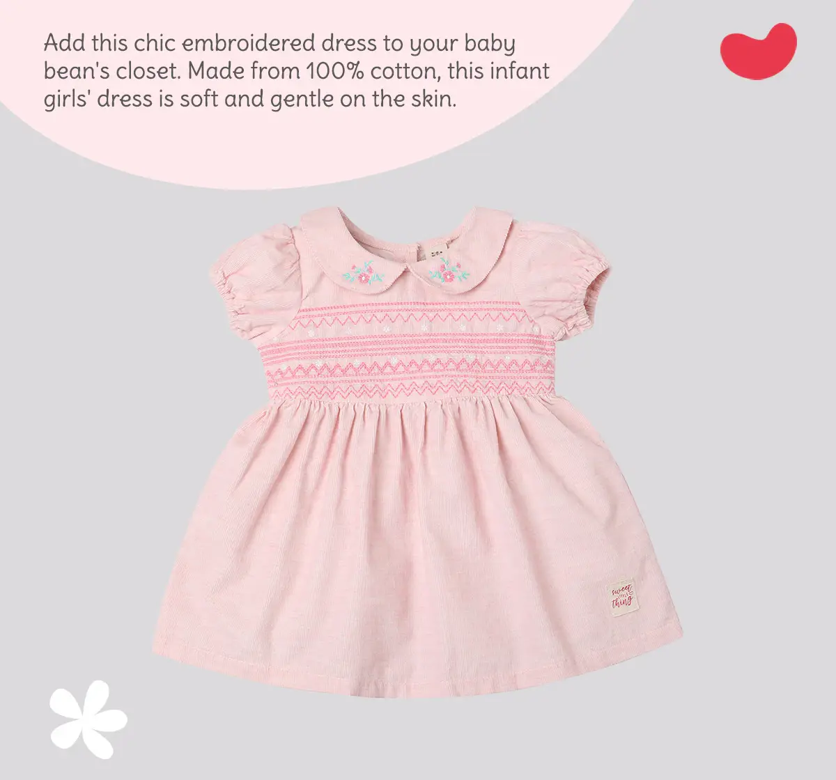 Infant Girls' Embroidered 100% Cotton Dress - Pink