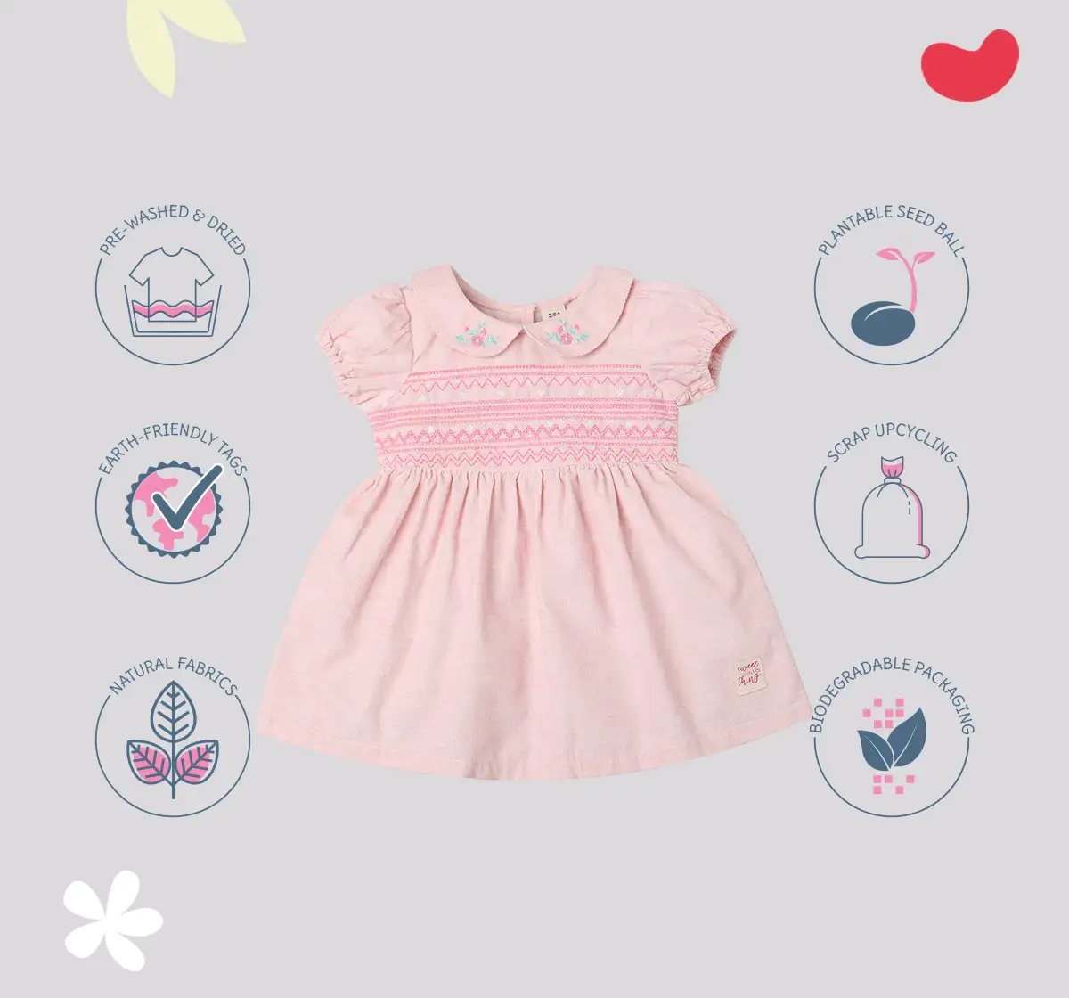Infant Girls' Embroidered 100% Cotton Dress - Pink