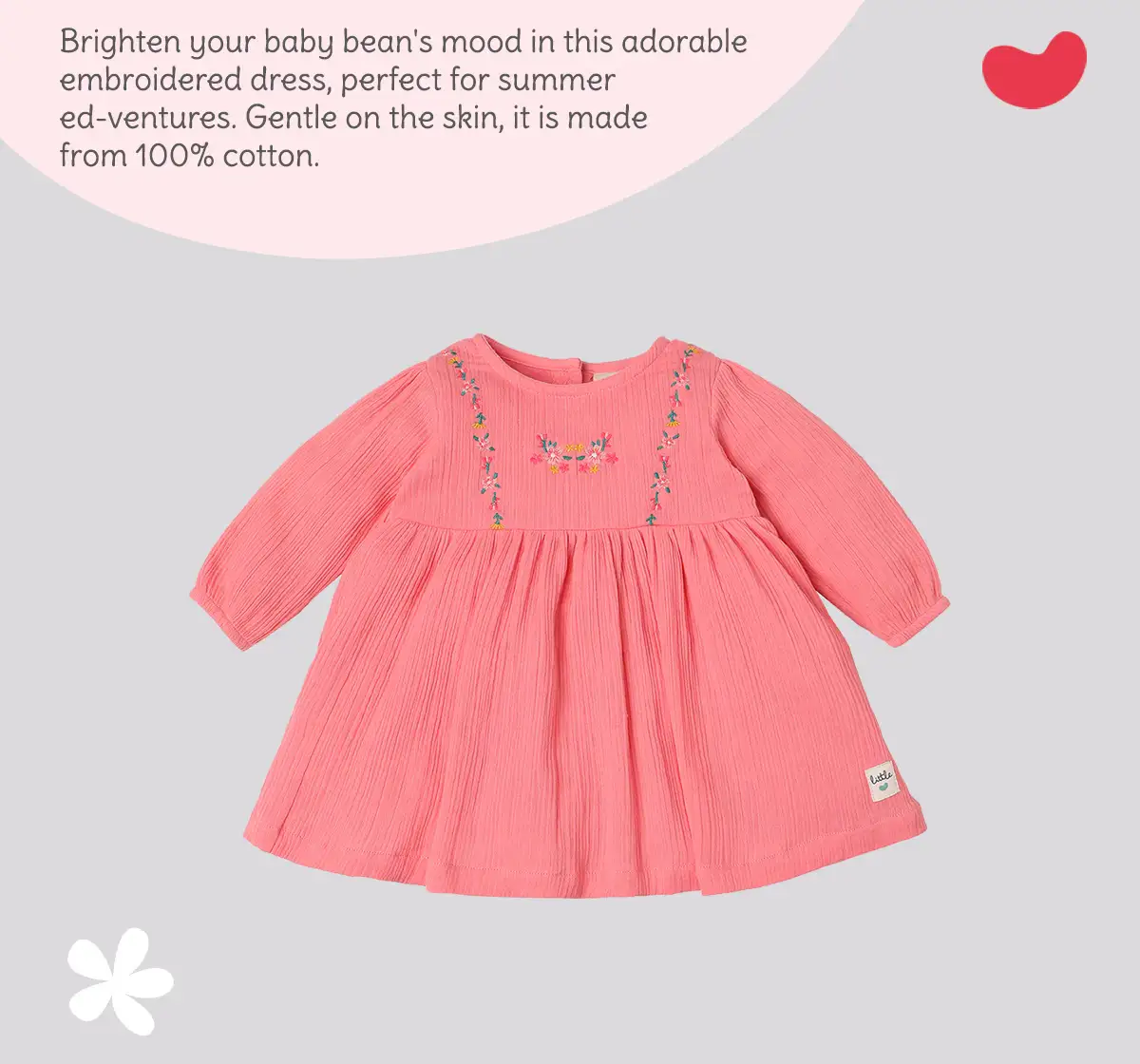 Infant Girls' Embroidered 100% Cotton Dress - Pink