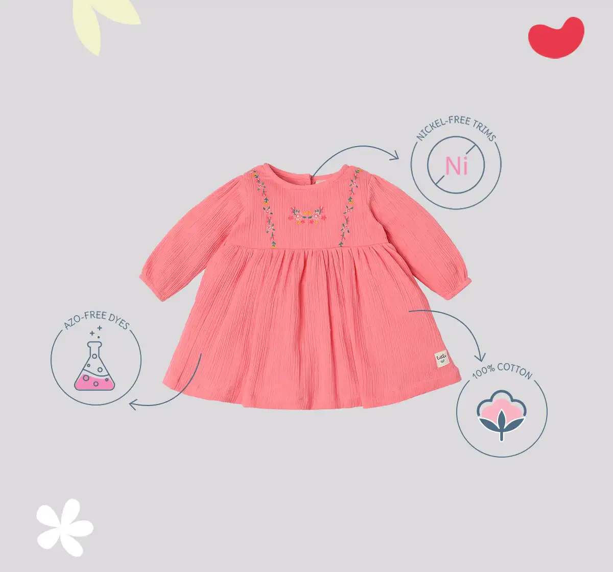 Infant Girls' Embroidered 100% Cotton Dress  - Pink
