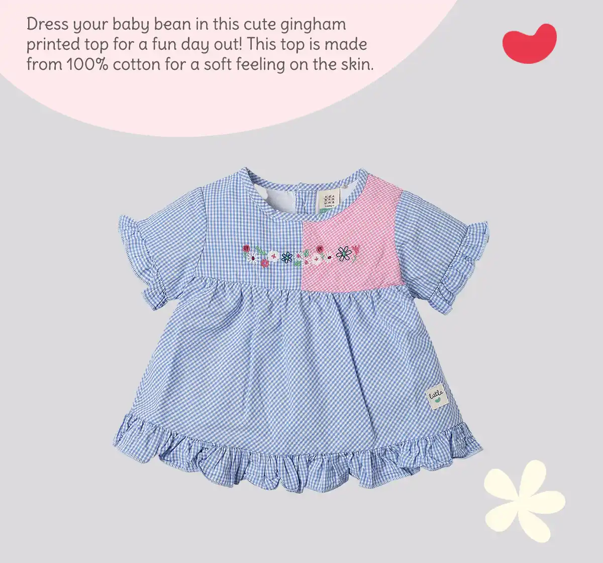 Infant Girls' Gingham Printed 100% Cotton Top - Blue