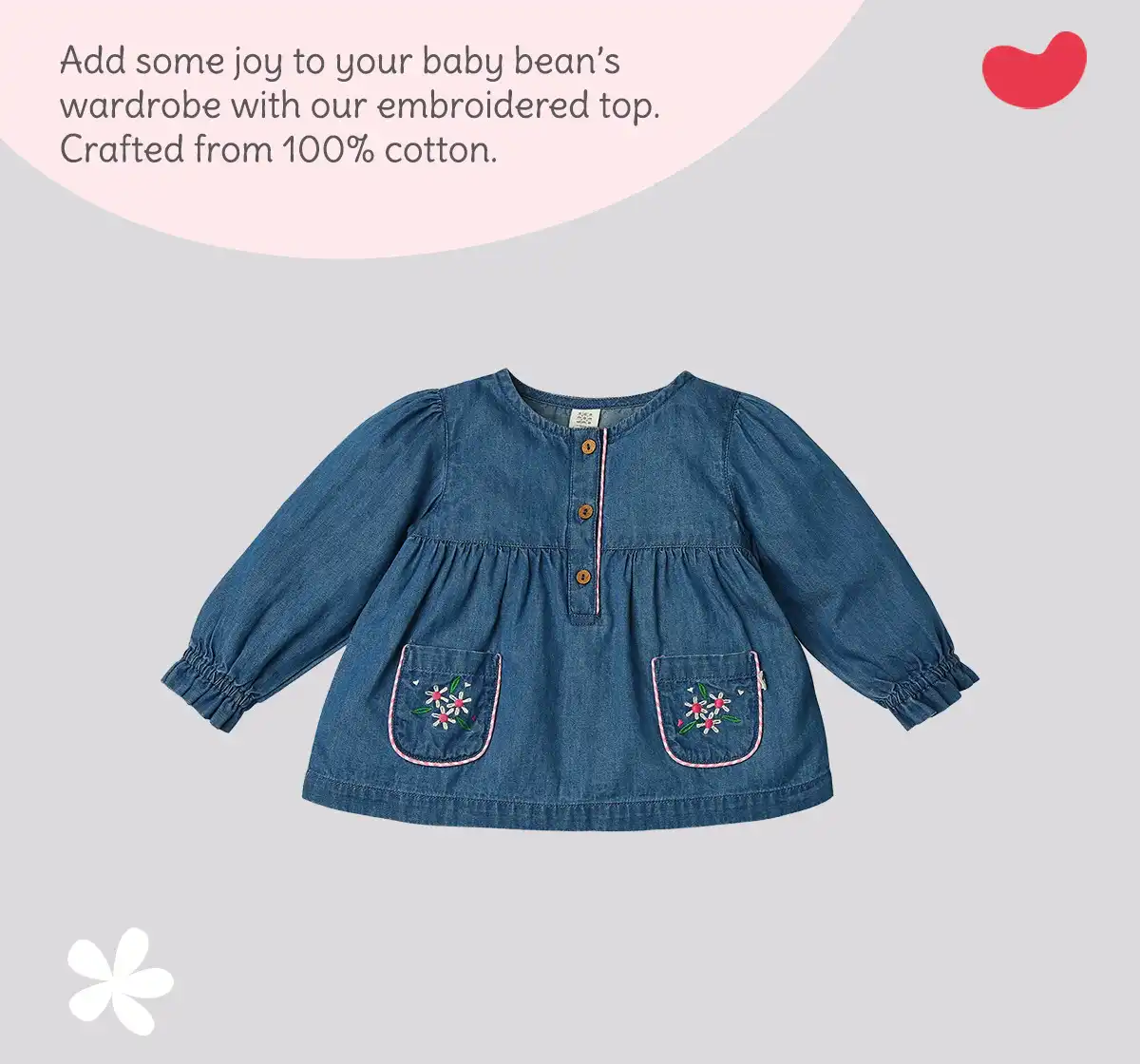 Infant Girls Embroidered 100% Cotton Top - Blue