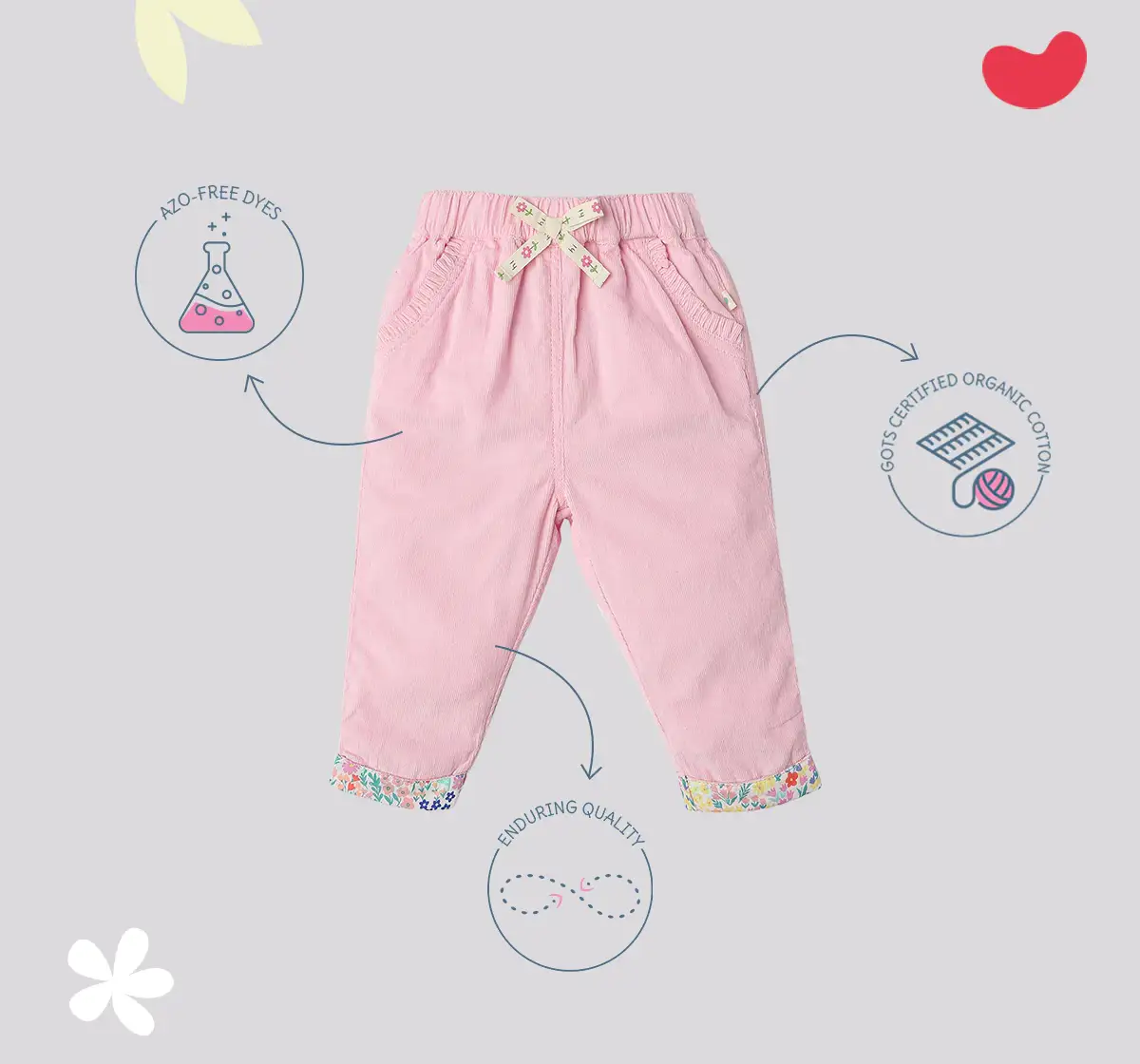 Infant Girls Embroidered 100% Cotton Trousers - Pink