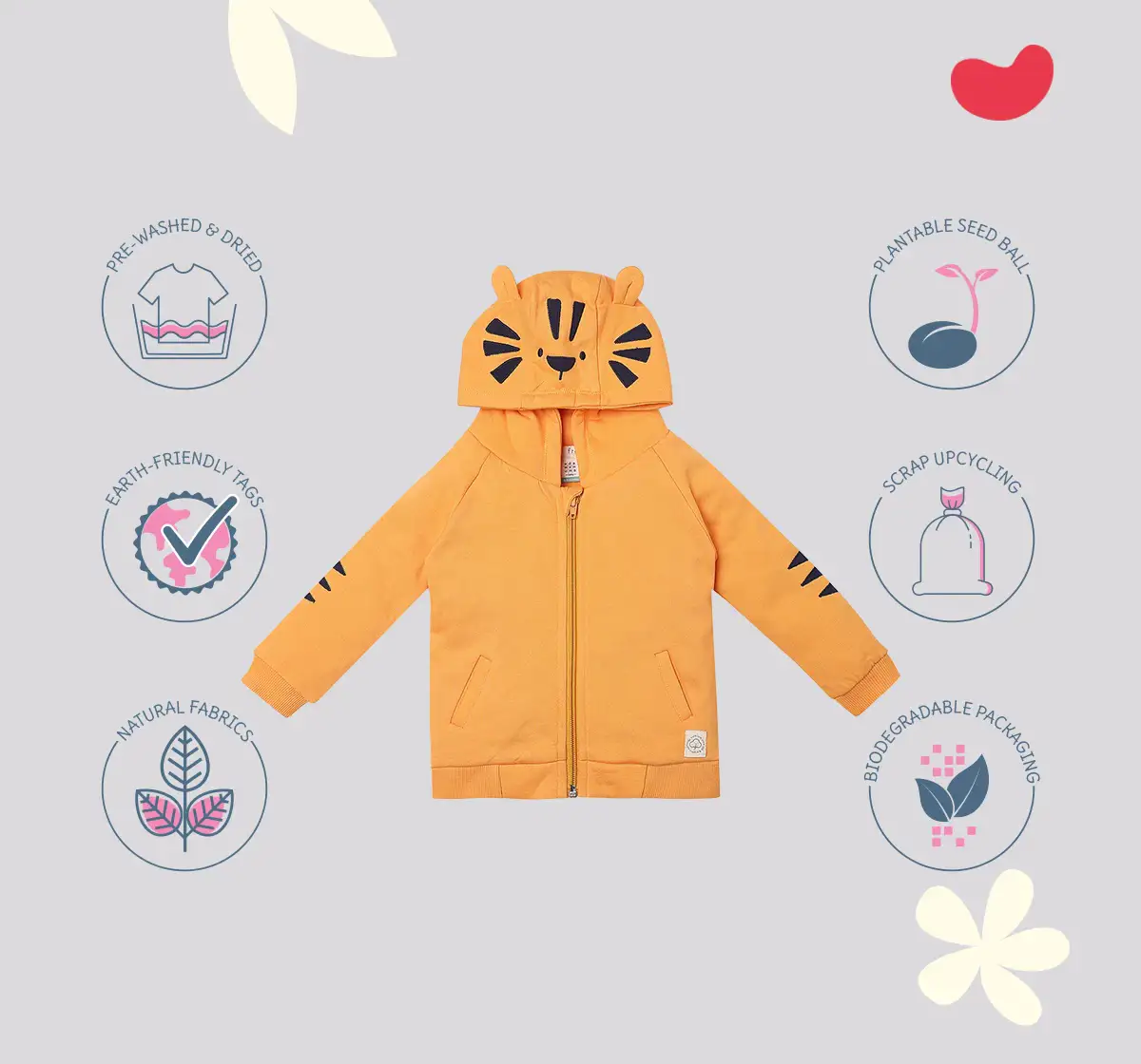 Infant Unisex Printed 100% Organic Cotton Hooded Jacket - Orange