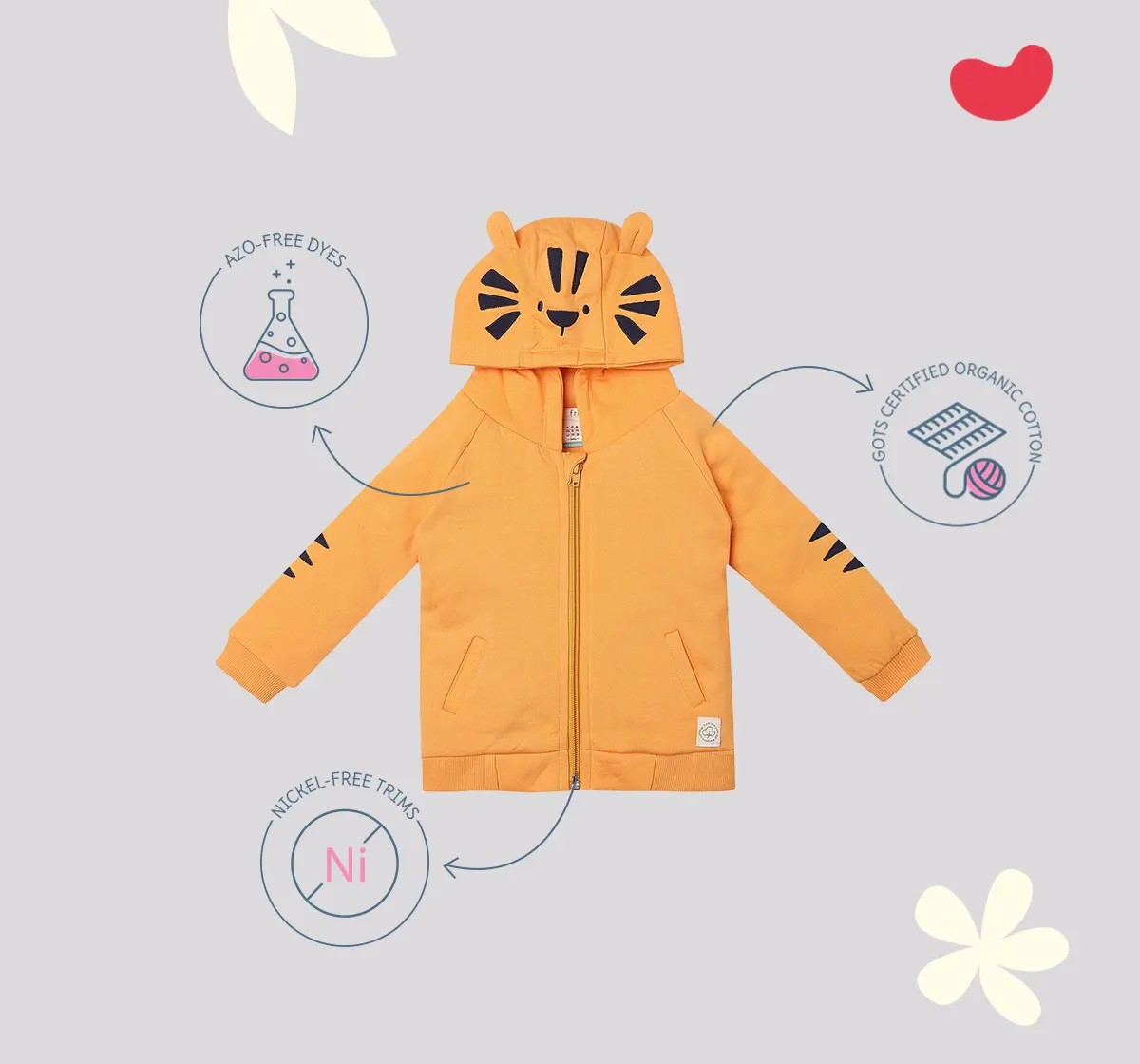 Infant Unisex Printed 100% Organic Cotton Hooded Jacket - Orange