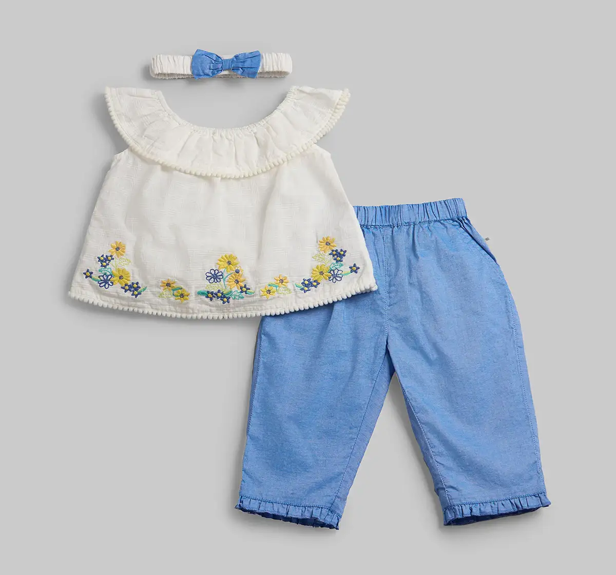 Infant Girls Embroidered Top & Pant Co-Ord Set With Hair Band - Blue & White