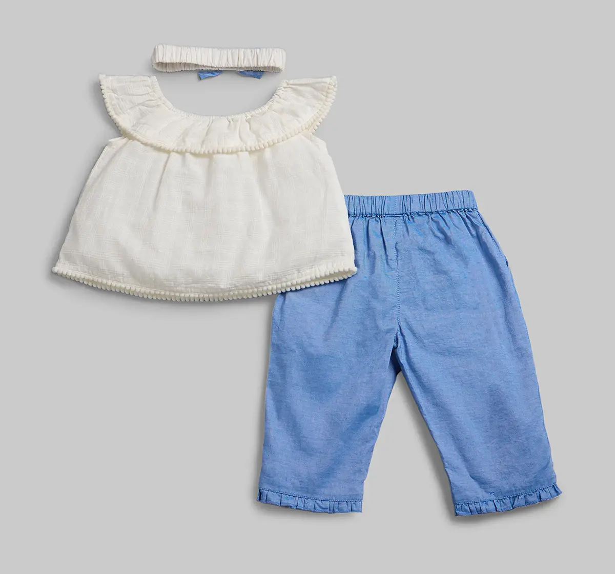 Infant Girls Embroidered Top & Pant Co-Ord Set With Hair Band - Blue & White