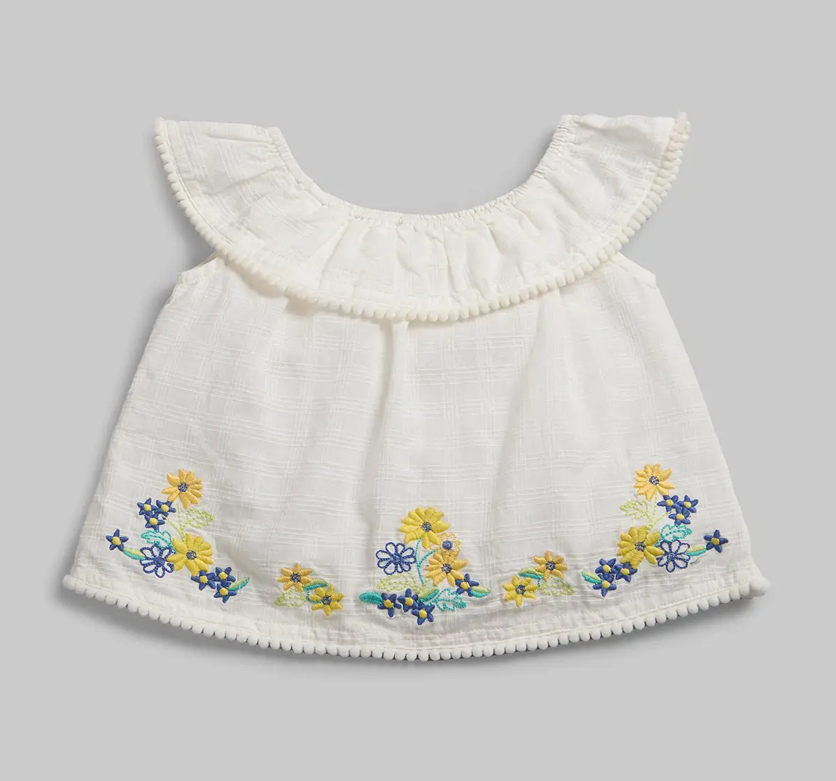 Infant Girls Embroidered Top & Pant Co-Ord Set With Hair Band - Blue & White