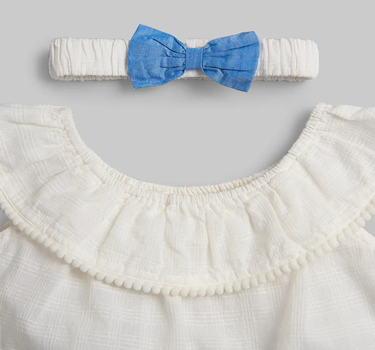 Infant Girls Embroidered Top & Pant Co-Ord Set With Hair Band - Blue & White